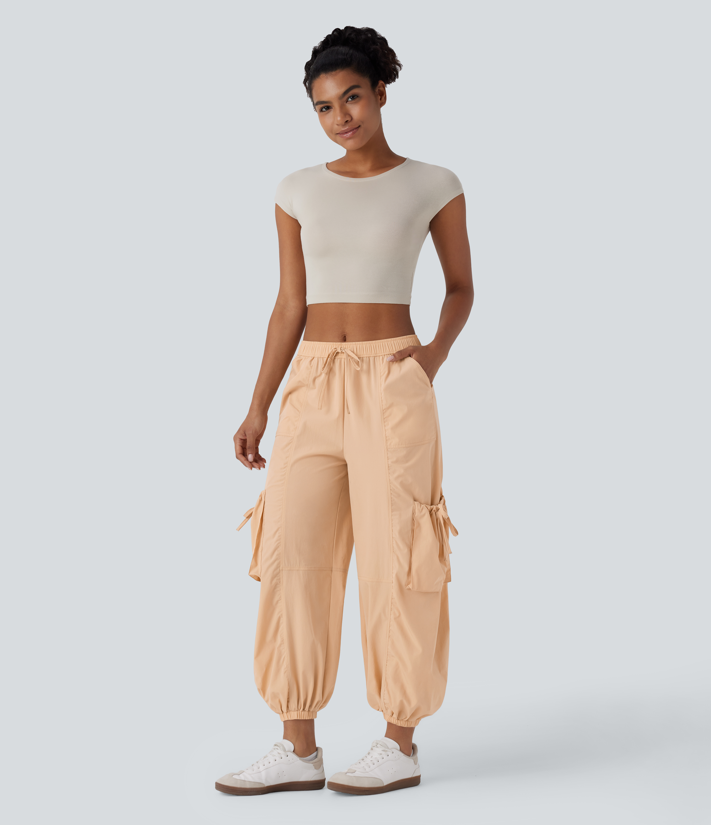 Halara Mid Low Rise Drawstring Multiple Pockets Casual Cargo Joggers  - Khaki - M(regular) 