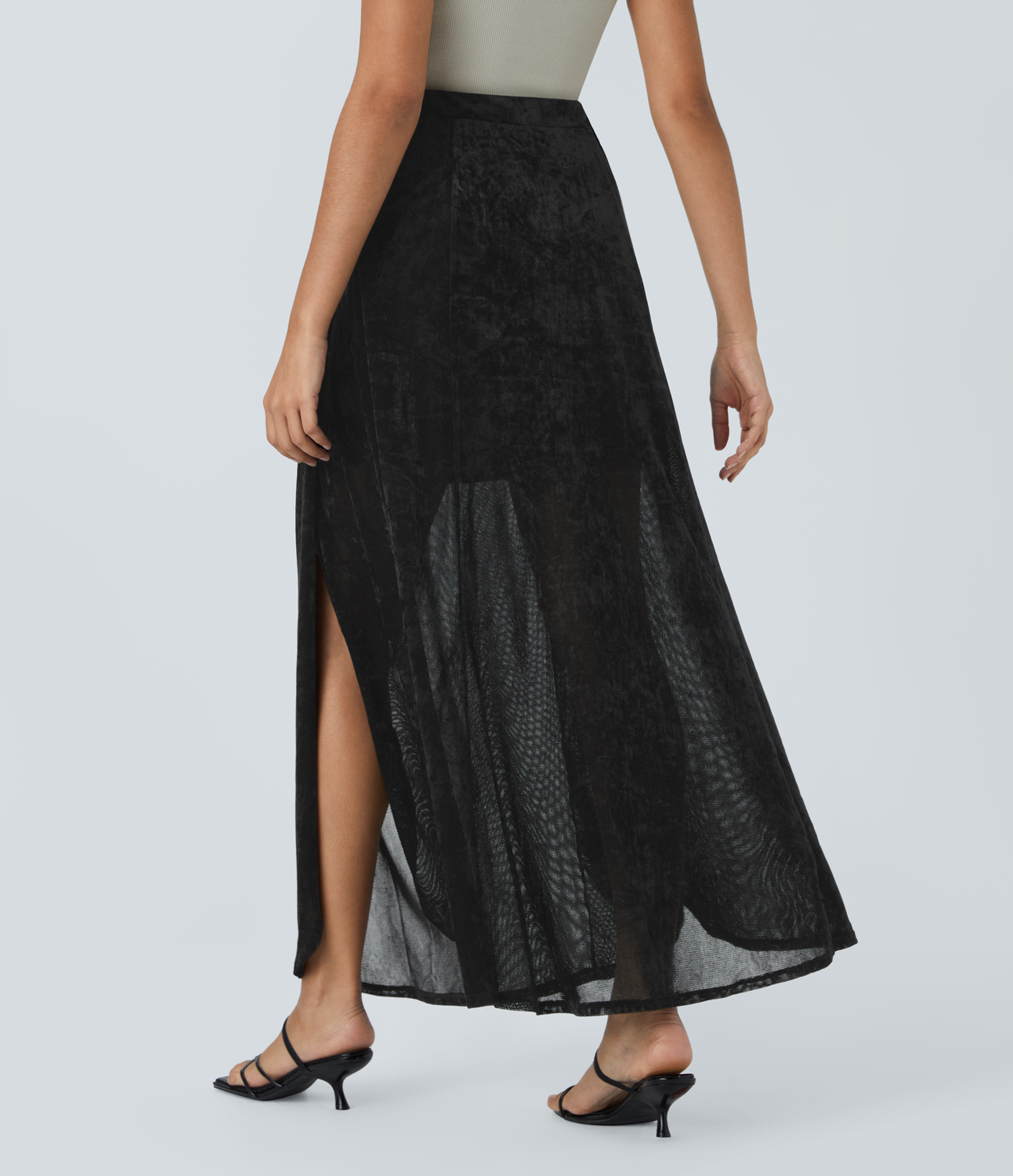 Halara Sheer High Waisted Split Velvet Maxi Party Skirt  - Black - L(regular) 
