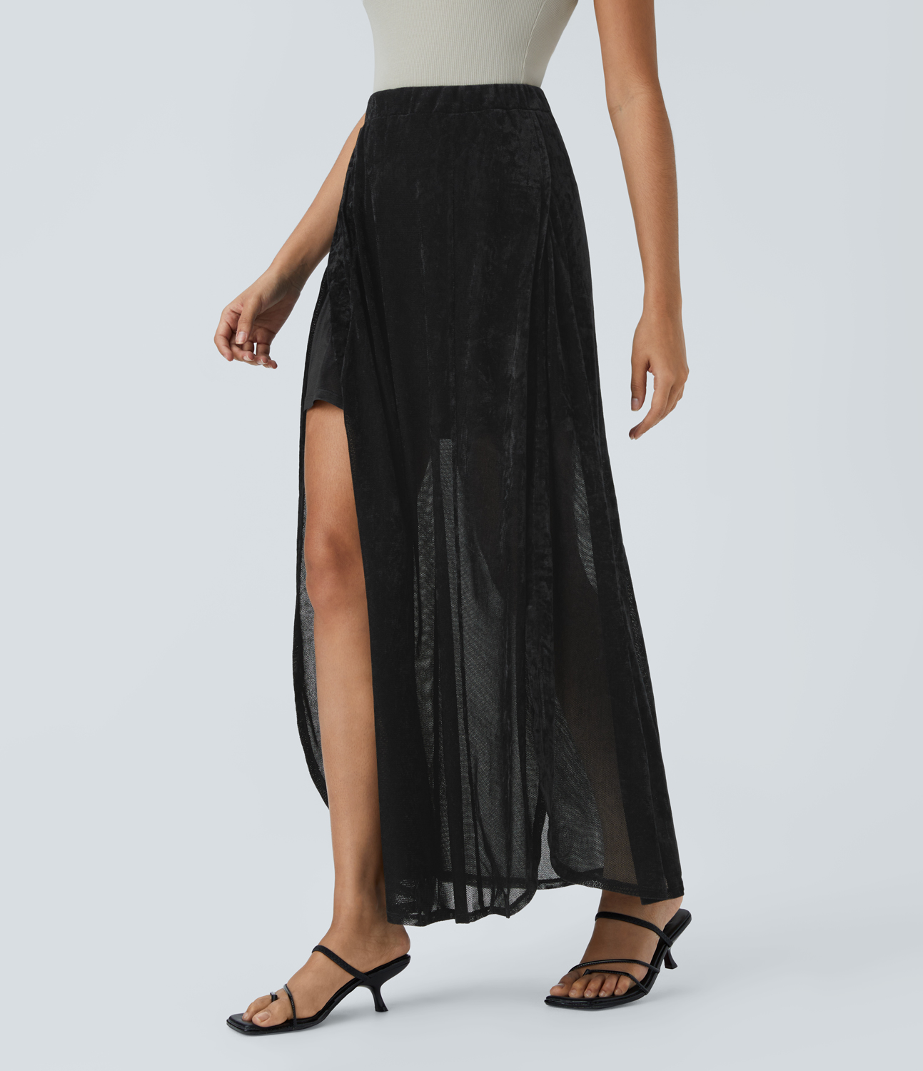 Halara Sheer High Waisted Split Velvet Maxi Party Skirt  - Black - L(regular) 