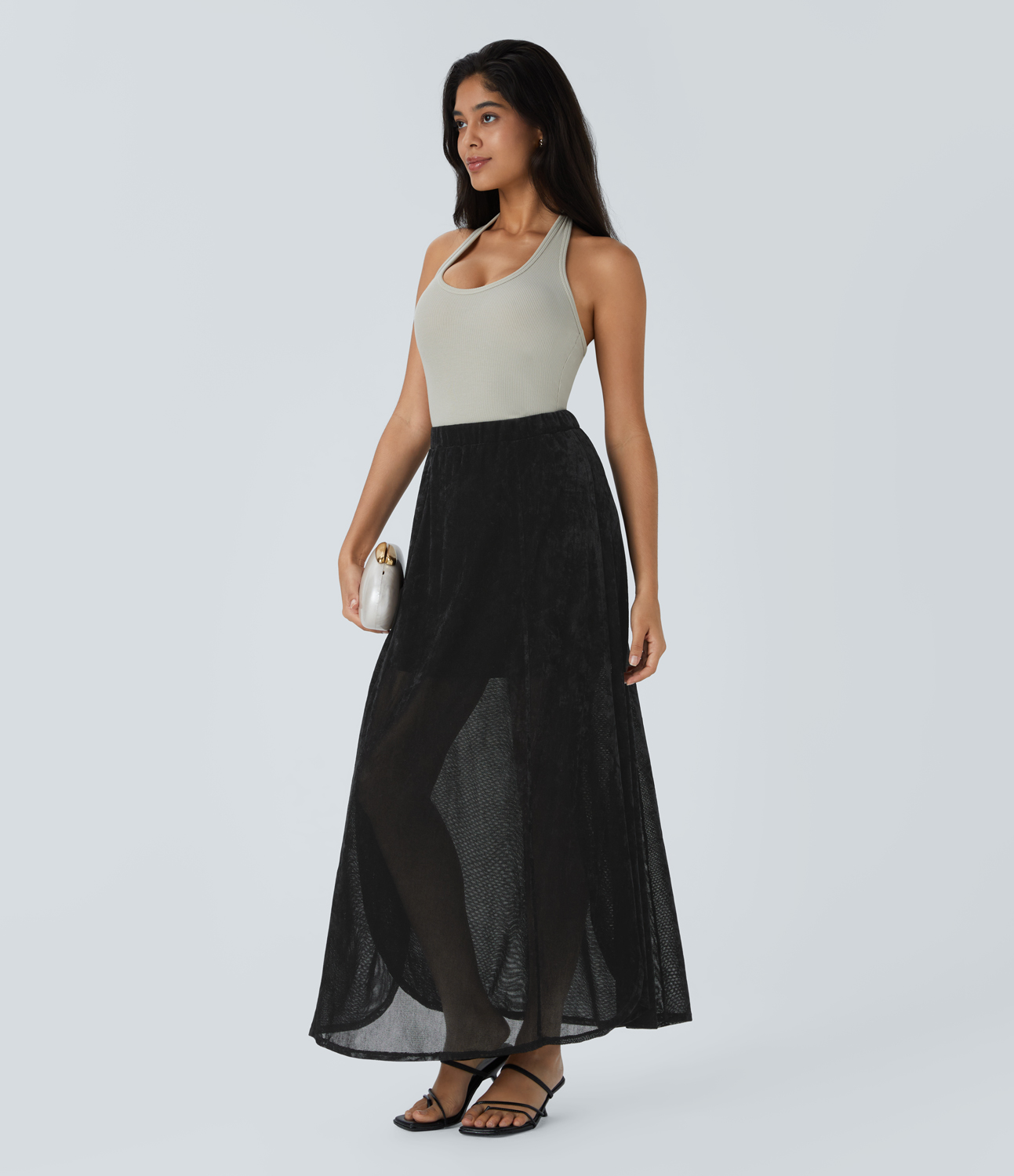 Halara Sheer High Waisted Split Velvet Maxi Party Skirt  - Black - L(regular) 