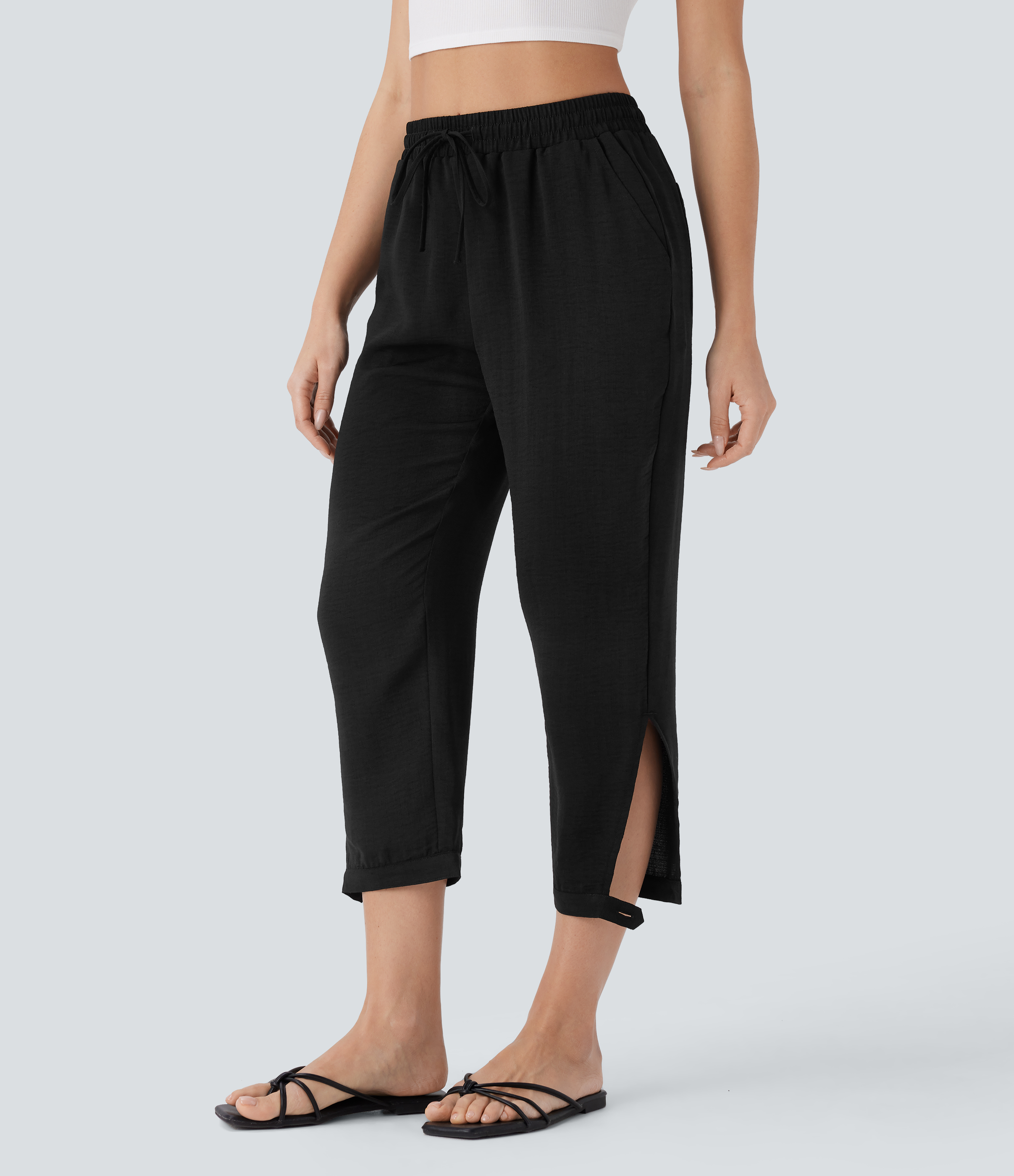 Halara High Waisted Drawstring Multiple Pockets Split Capri Linen-Feel Resort Pants  - Black - XS(regular) sweatpants jogger pants 