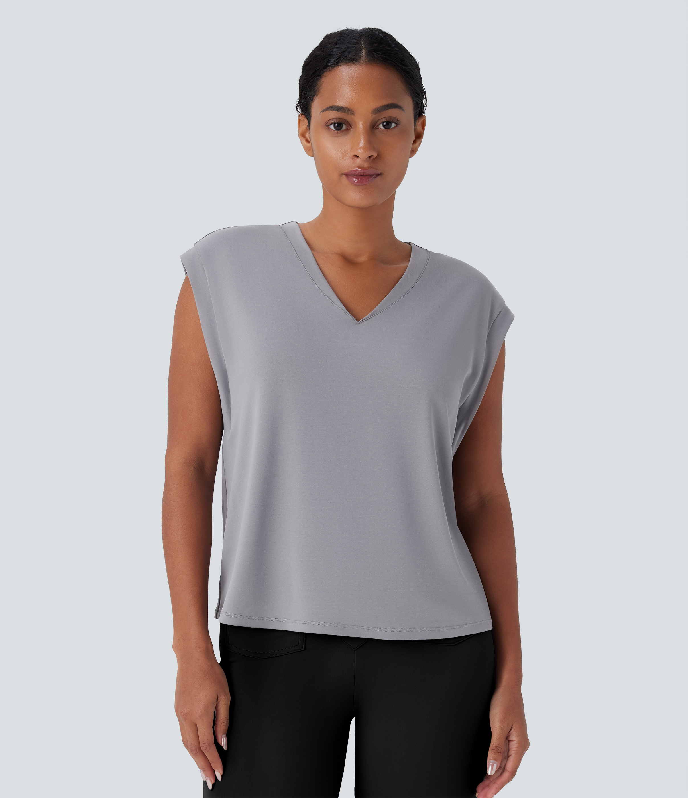 Halara V Neck Cap Sleeve Work Top Tank Top - Ultimate Gray - L golf tops halter top tunic tops sleeveless tops backless top 