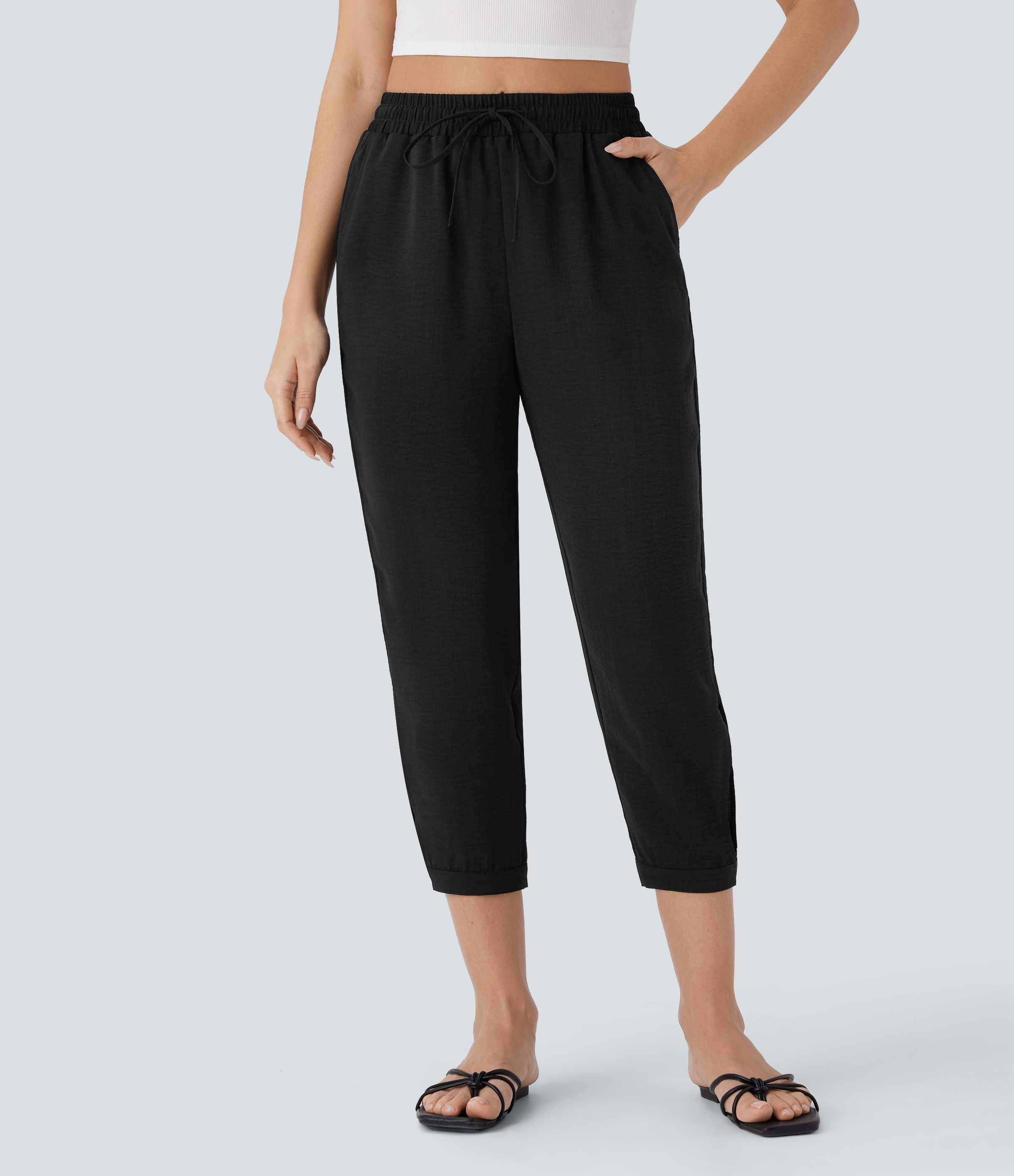 Halara High Waisted Drawstring Multiple Pockets Split Capri Linen-Feel Resort Pants  - Black - XS(regular) sweatpants jogger pants 