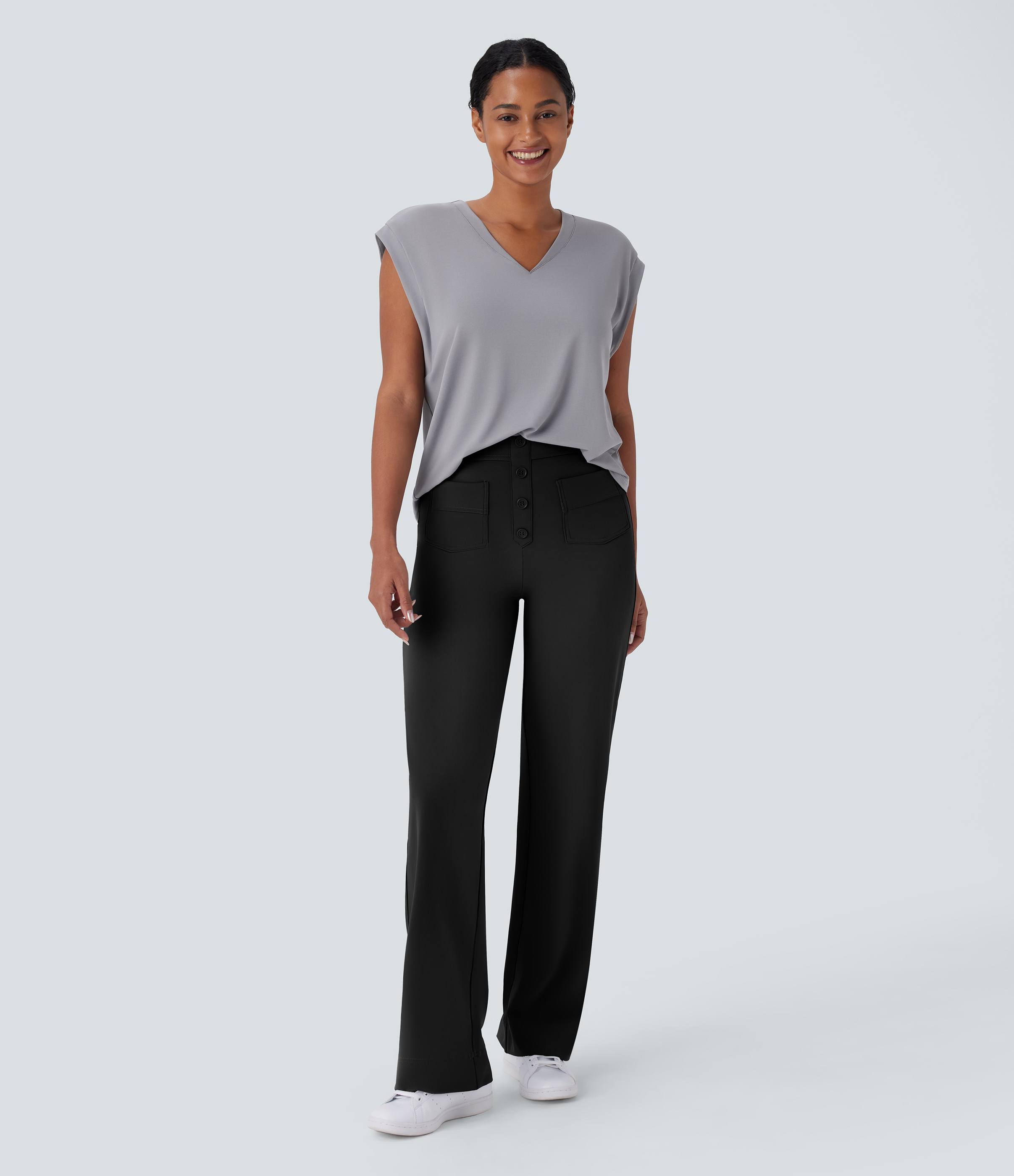 Halara V Neck Cap Sleeve Work Top Tank Top - Ultimate Gray - L golf tops halter top tunic tops sleeveless tops backless top 
