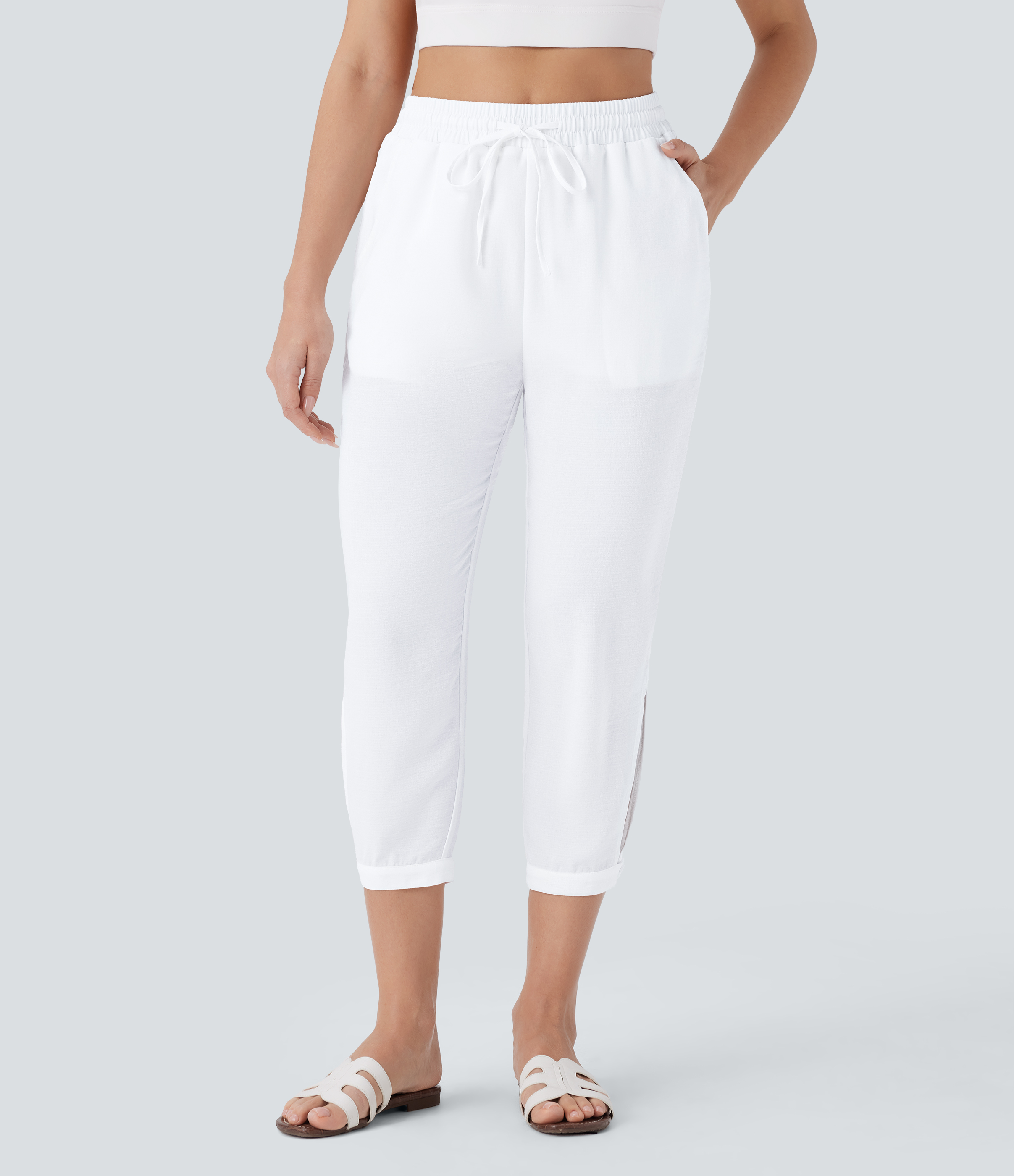 Halara High Waisted Drawstring Multiple Pockets Split Capri Linen-Feel Resort Pants  - White - L(regular) sweatpants jogger pants 