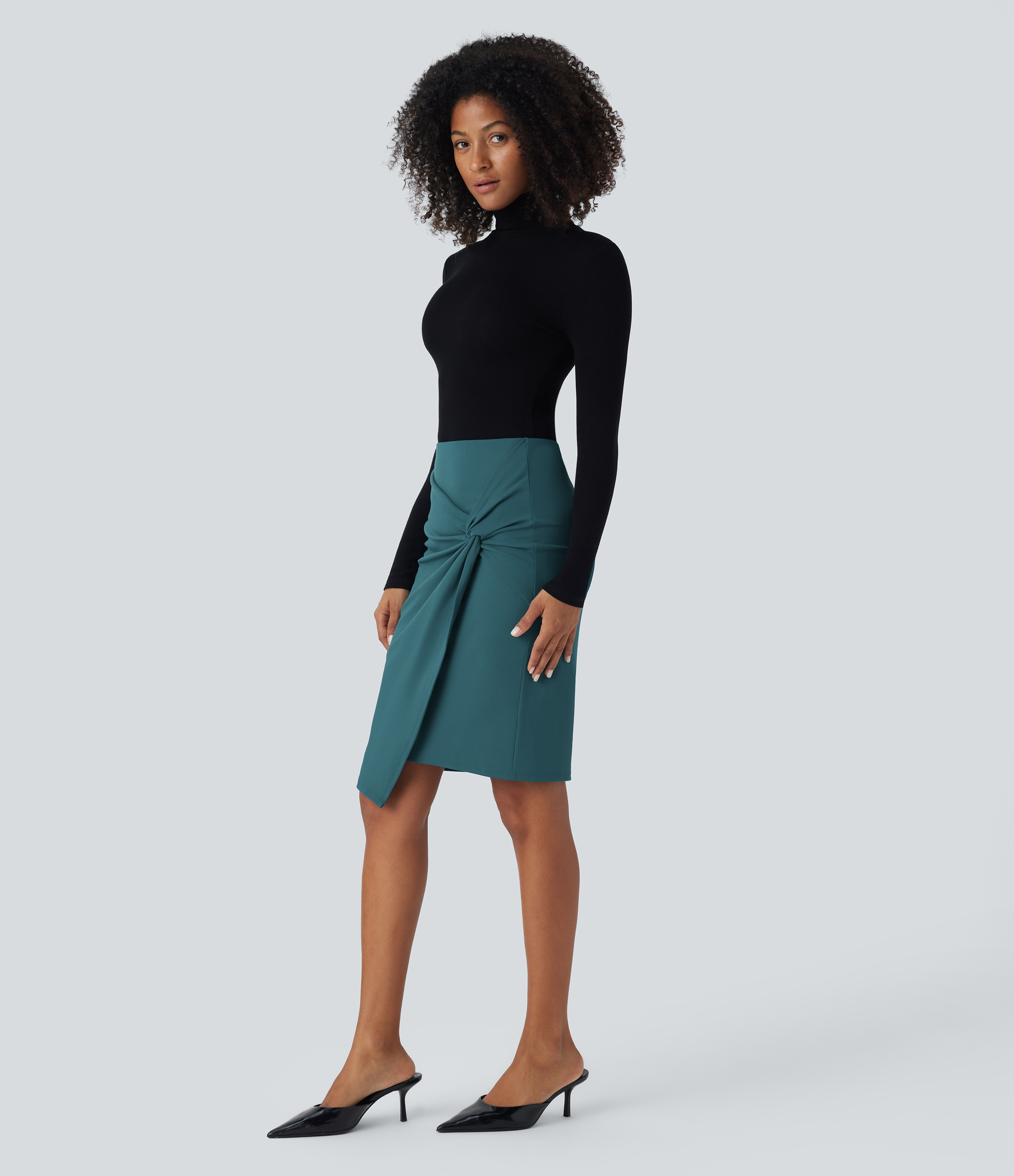 Halara High Waisted Twist 2-in-1 Work Pencil Skirt  - Atlantic Deep - S(regular) midi skirt a line skirt golfing skirt pleated tennis skirt 