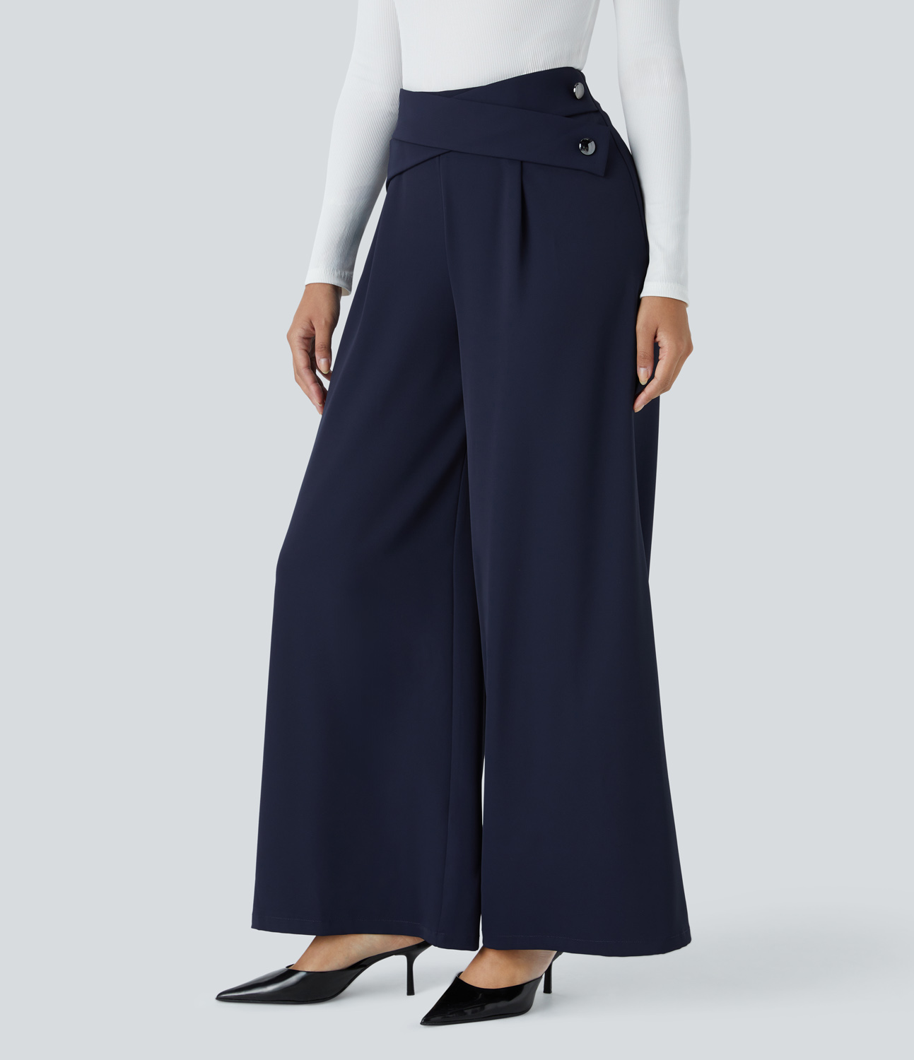 Halara High Waisted Crisscross Decorative Button Back Invisible Zipper Wide Leg Work Pants  - Peacoat - L(regular) sweatpants jogger pants 