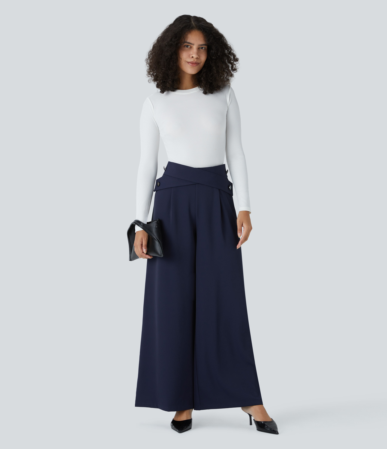 Halara High Waisted Crisscross Decorative Button Back Invisible Zipper Wide Leg Work Pants  - Peacoat - L(regular) sweatpants jogger pants 