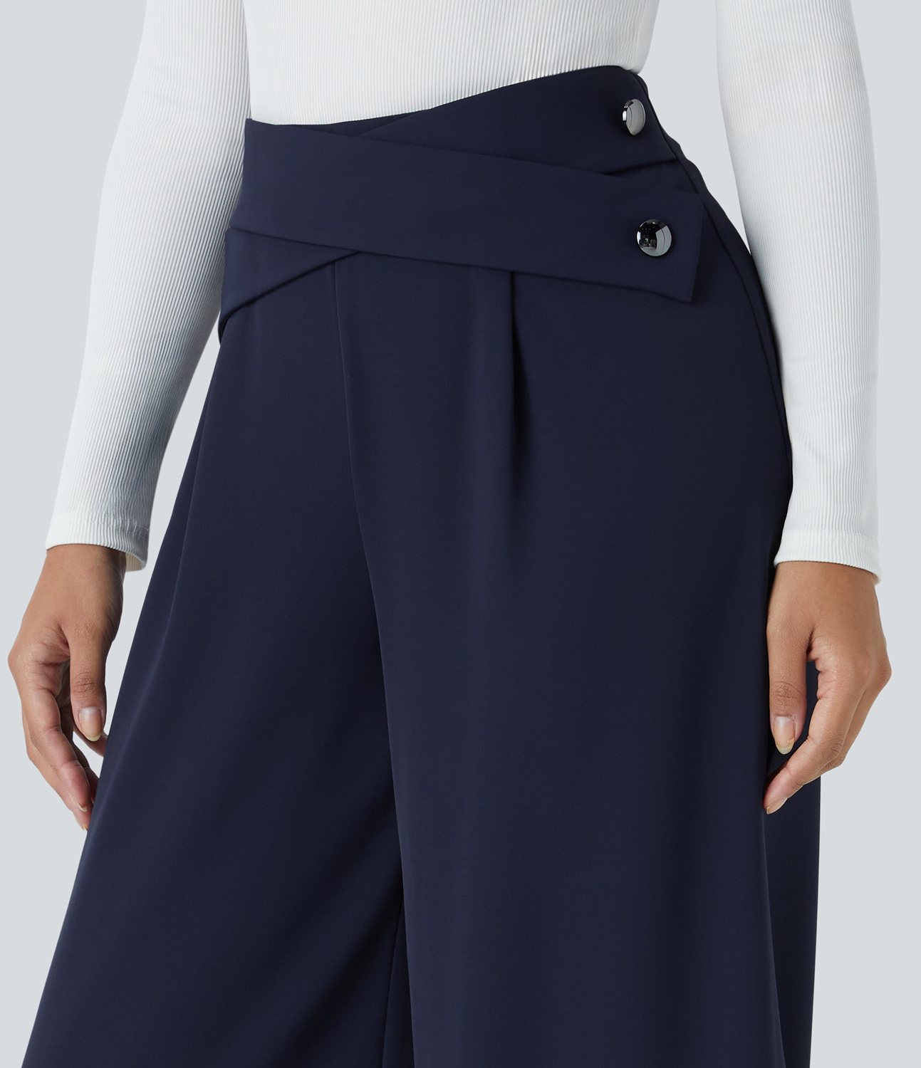 Halara High Waisted Crisscross Decorative Button Back Invisible Zipper Wide Leg Work Pants  - Peacoat - L(regular) sweatpants jogger pants 