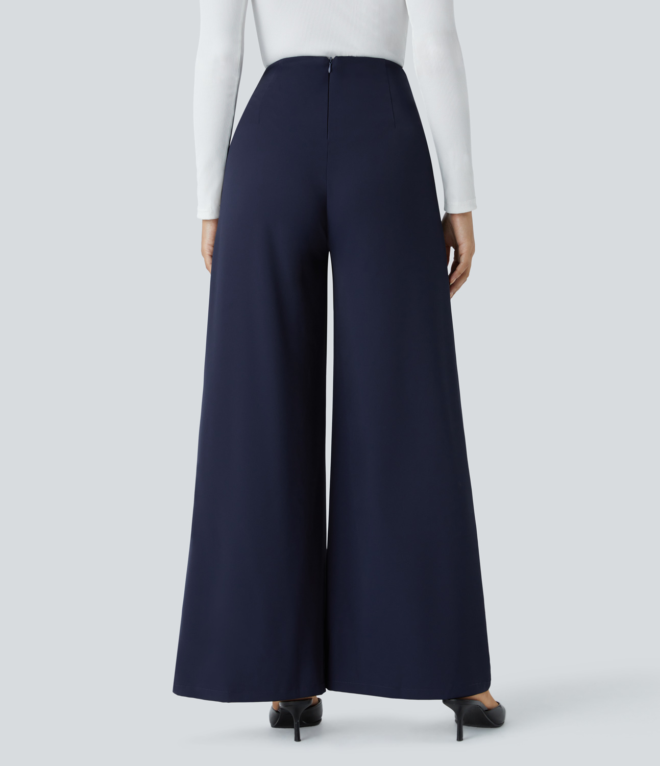Halara High Waisted Crisscross Decorative Button Back Invisible Zipper Wide Leg Work Pants  - Peacoat - L(regular) sweatpants jogger pants 