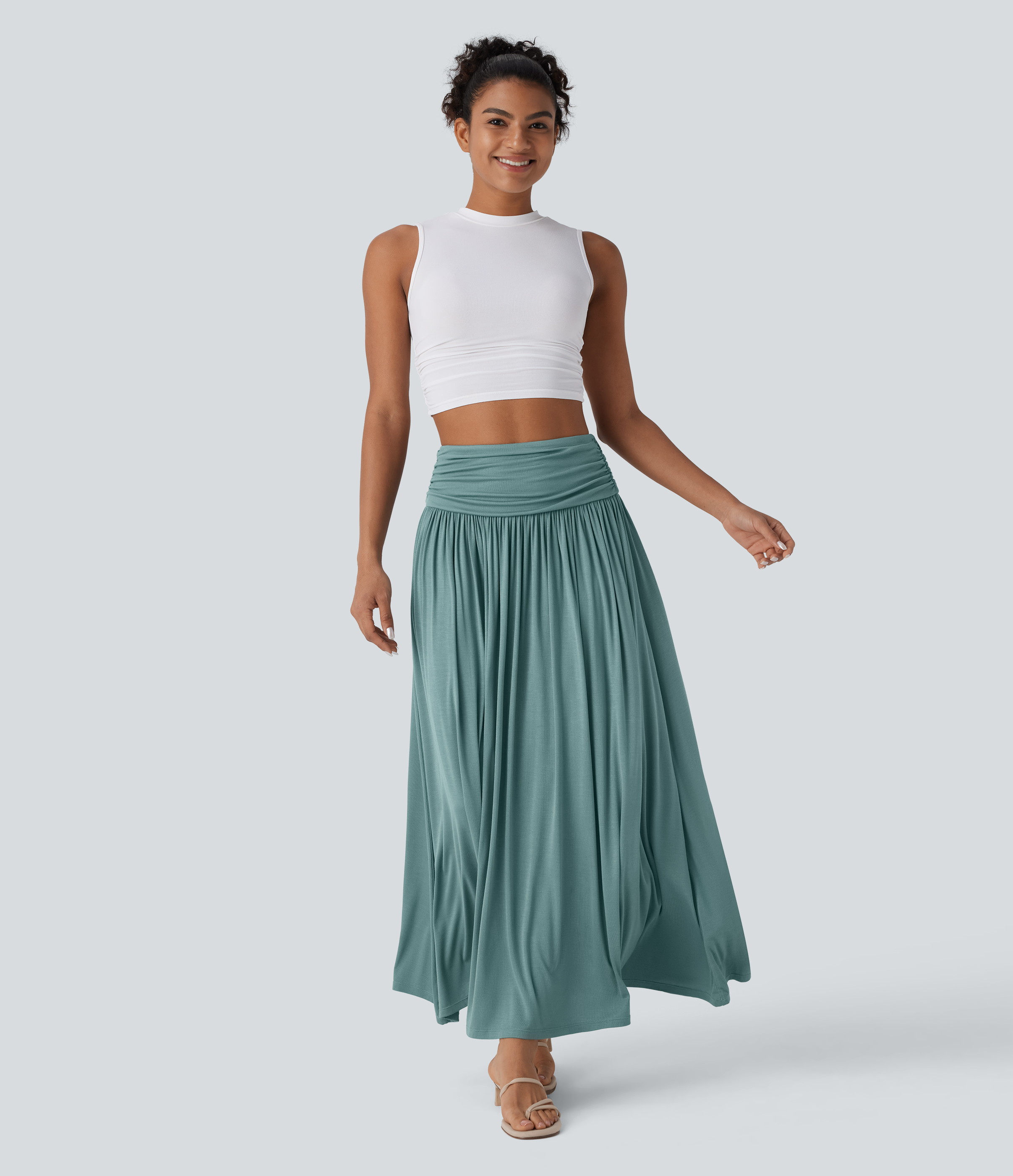 Halara High Waisted Ruched Flowy Maxi Casual Skirt  - Mineral Blue - S(regular) 