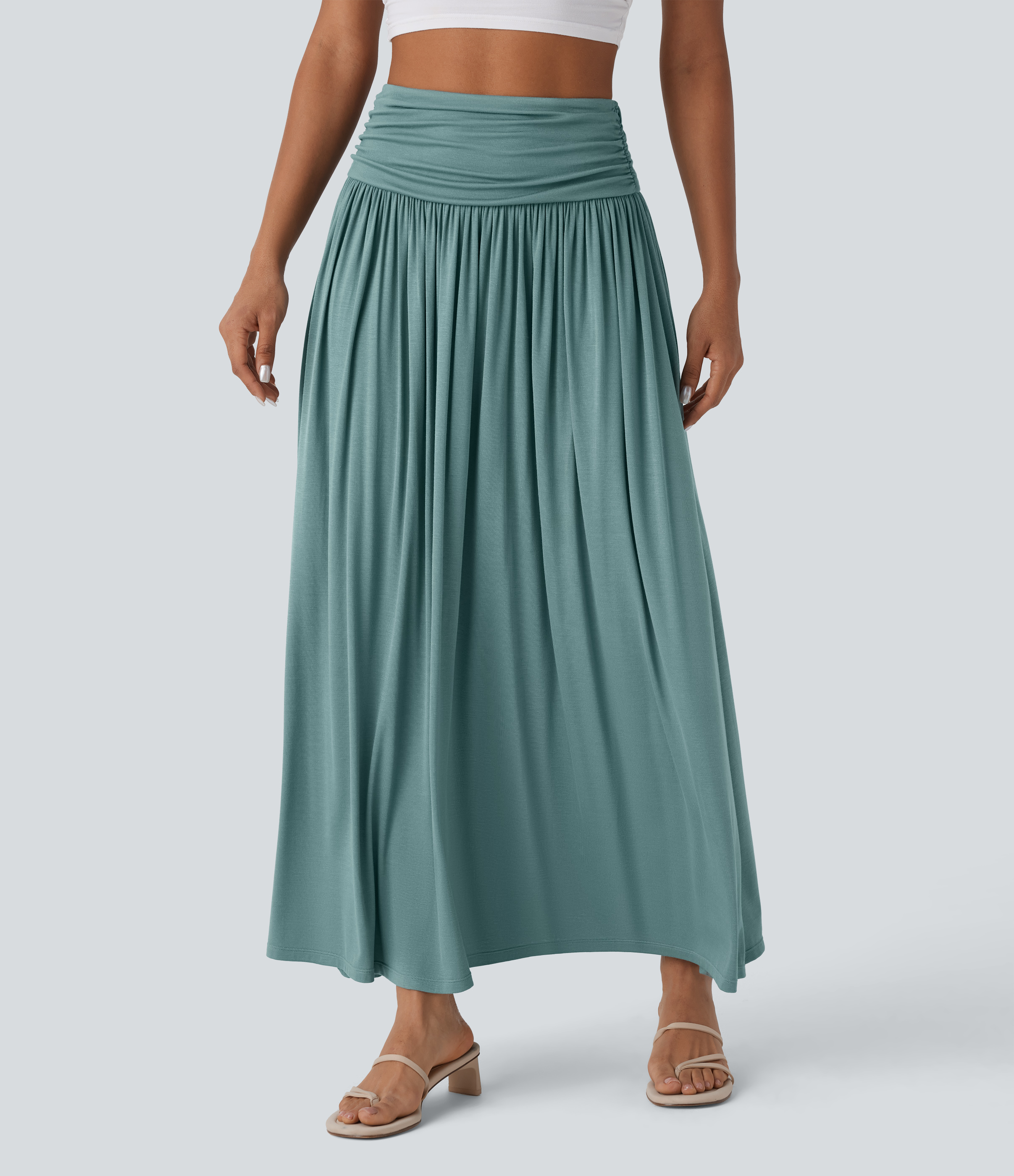 Halara High Waisted Ruched Flowy Maxi Casual Skirt  - Mineral Blue - S(regular) 