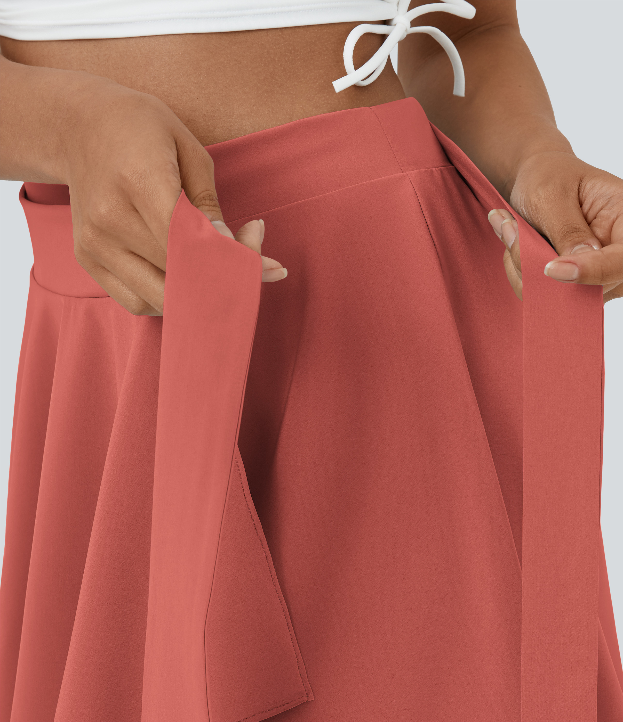 Halara Breezefulв„ў High Waisted Tie Side 2-in-1 Side Pocket Flowy Micro Mini Flare Quick Dry Casual Skirt  - Flame Red - M(regular) 