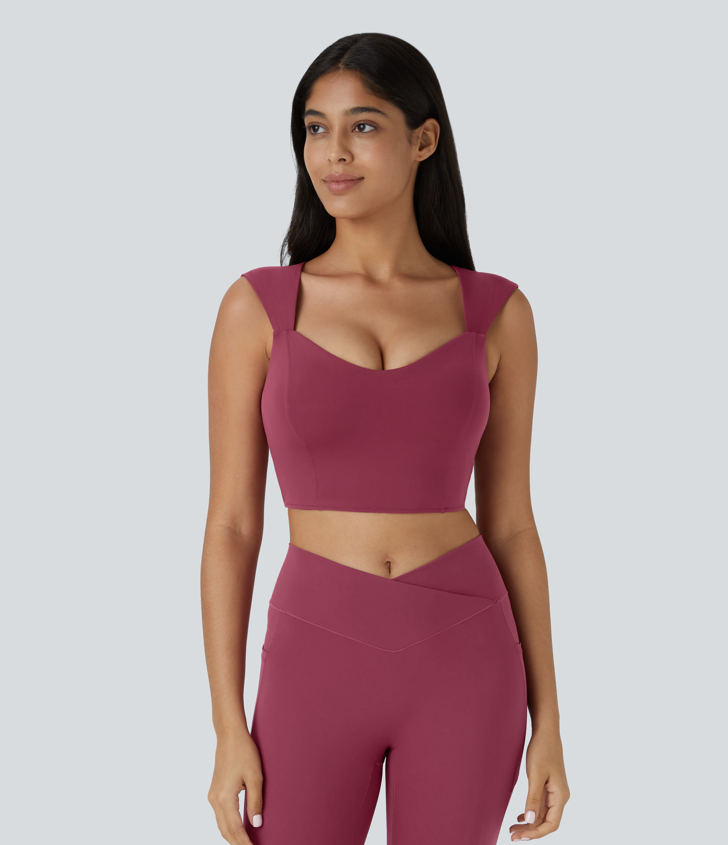 Halara Softlyzeroв„ў Airy Square Neck Small Cap Sleeve Cropped Cool Touch Yoga Sports Top  - Cordovan - S 