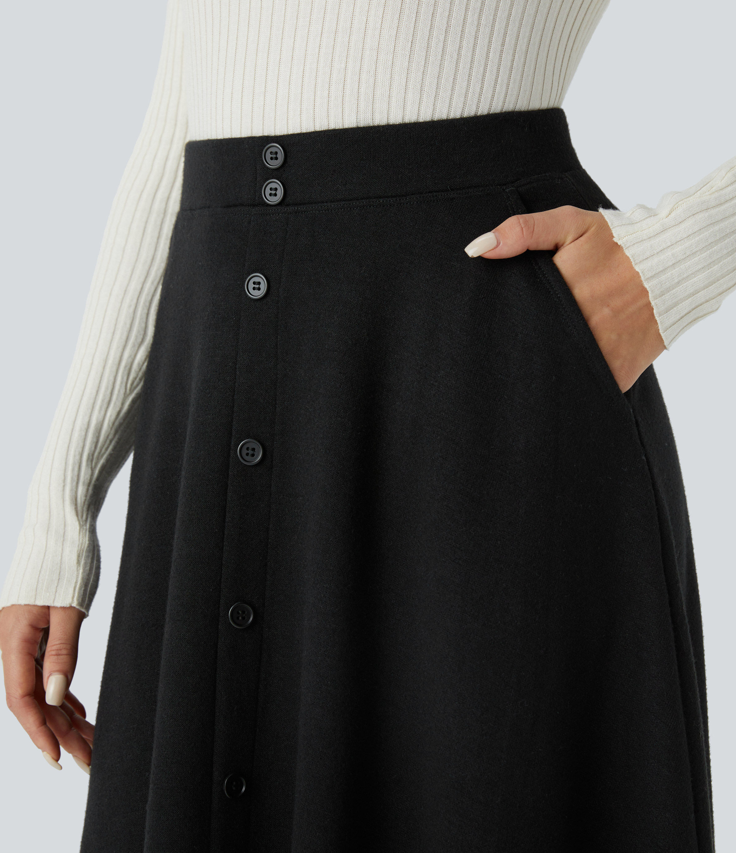 Halara High Waisted Decorative Button Side Pocket Midi Flare Casual Skirt  - Black - L(regular) 