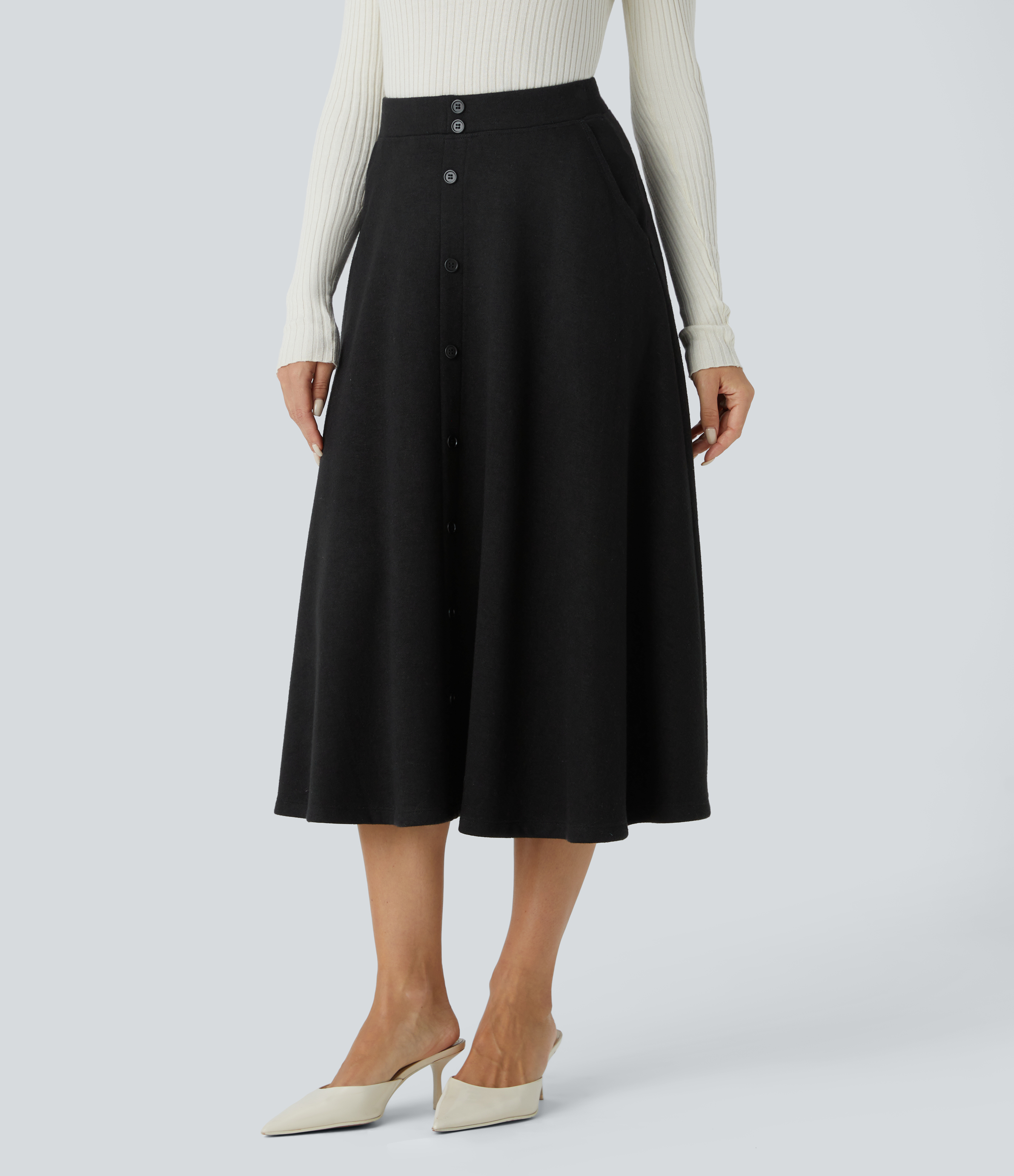 Halara High Waisted Decorative Button Side Pocket Midi Flare Casual Skirt  - Black - L(regular) 