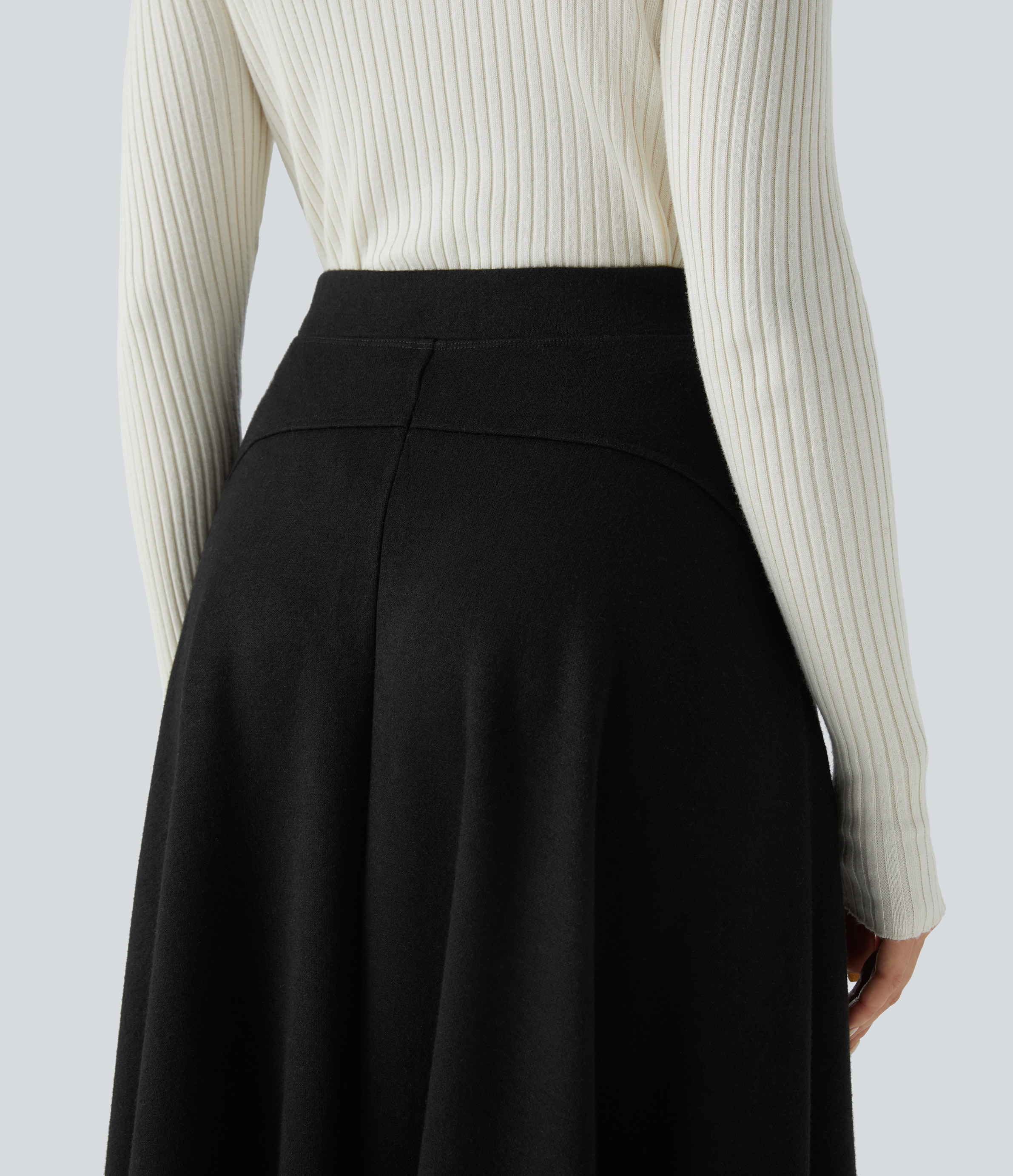 Halara High Waisted Decorative Button Side Pocket Midi Flare Casual Skirt  - Black - L(regular) 