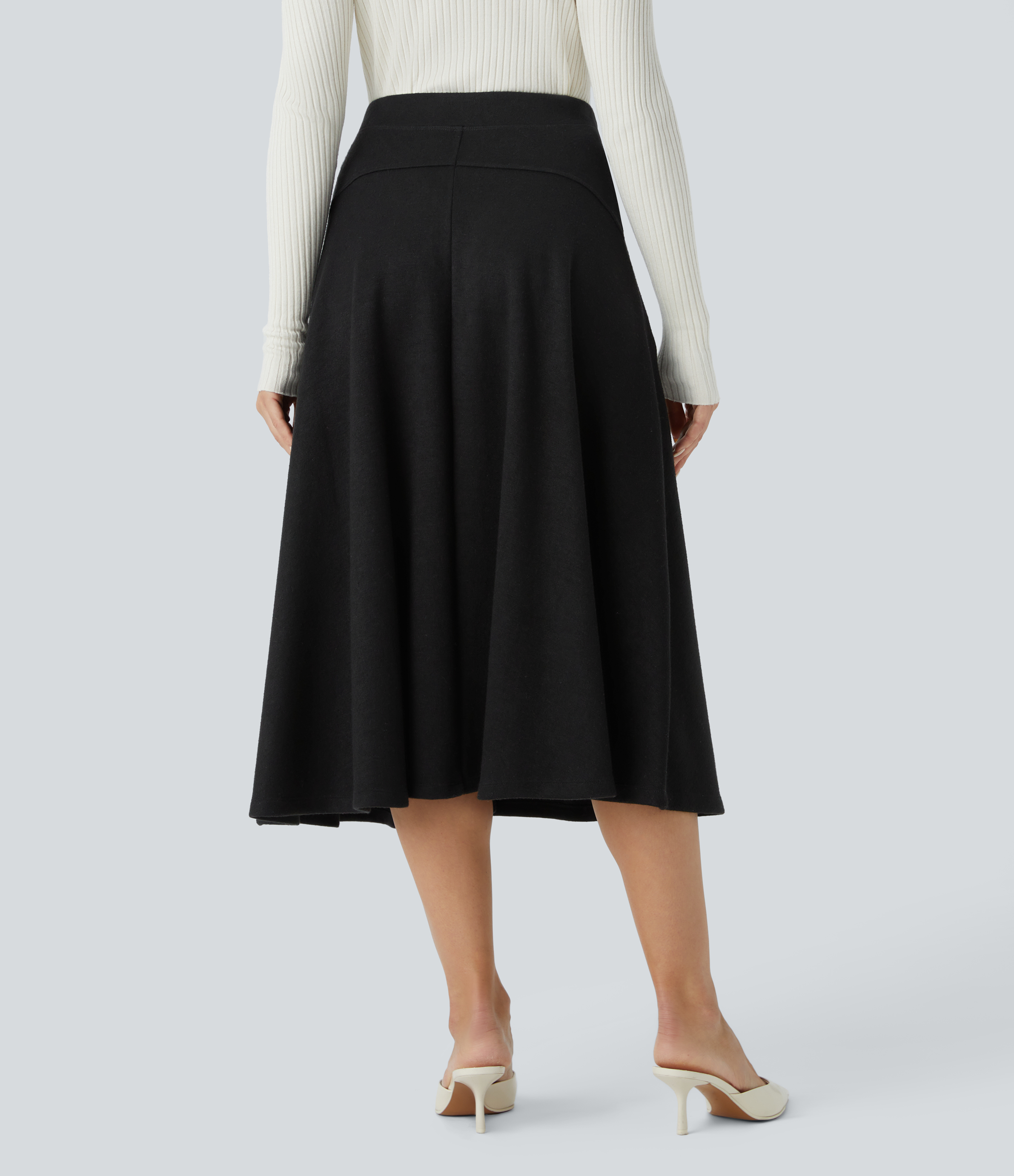 Halara High Waisted Decorative Button Side Pocket Midi Flare Casual Skirt  - Black - L(regular) 