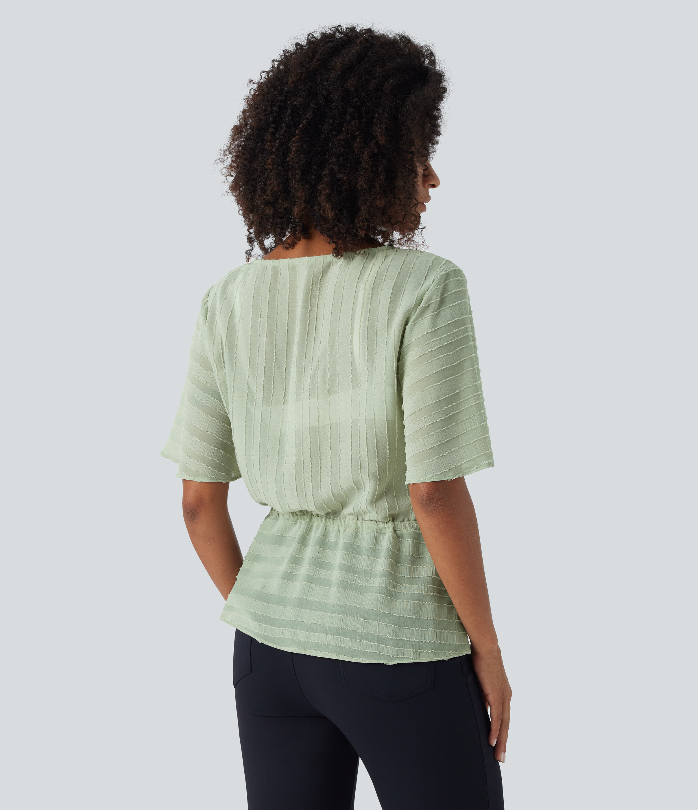 Halara Surplice Neck Wrap Drawstring Jacquard Work Peplum Blouse  - Fog Green - XL 