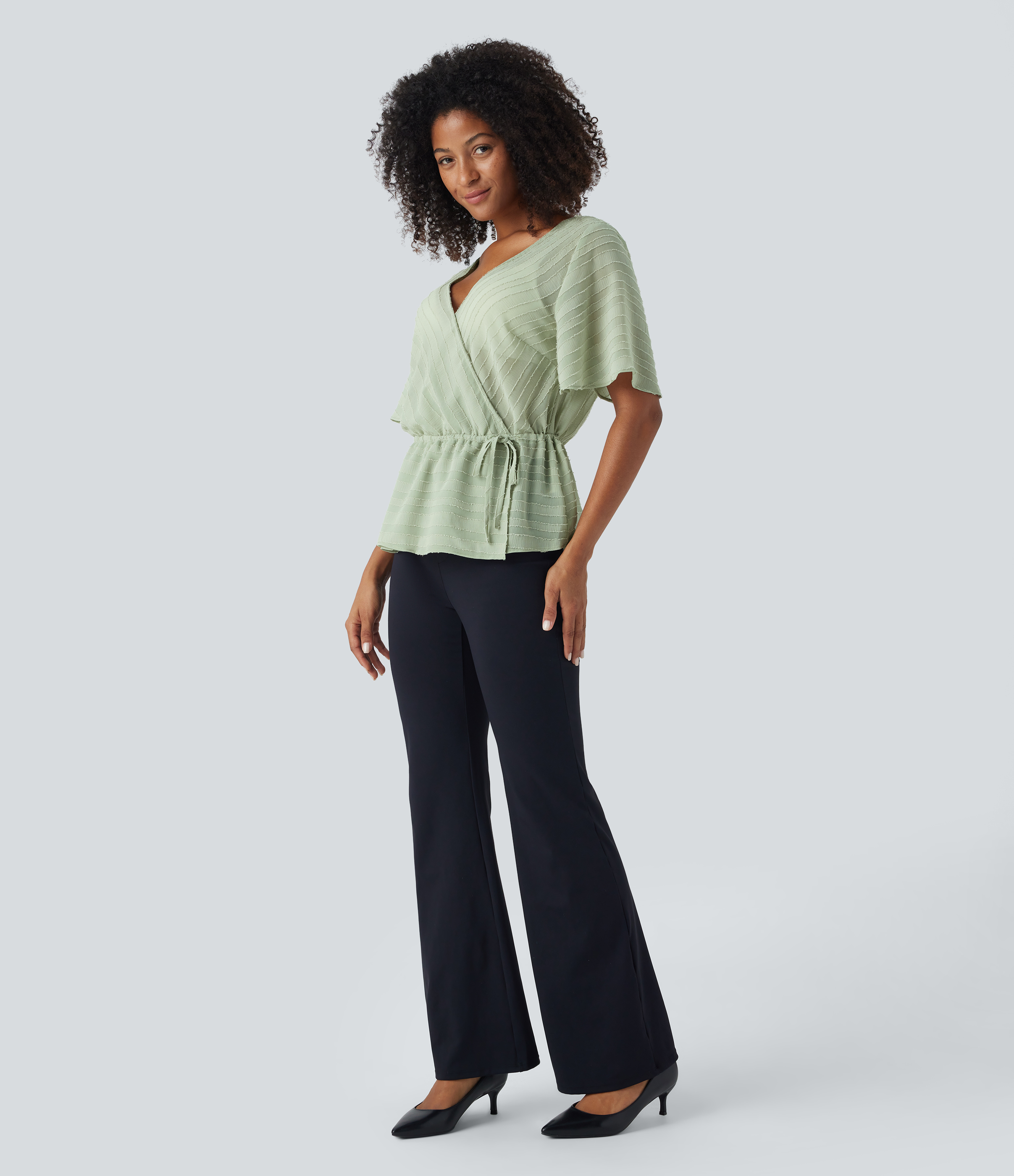 Halara Surplice Neck Wrap Drawstring Jacquard Work Peplum Blouse  - Fog Green - XL 