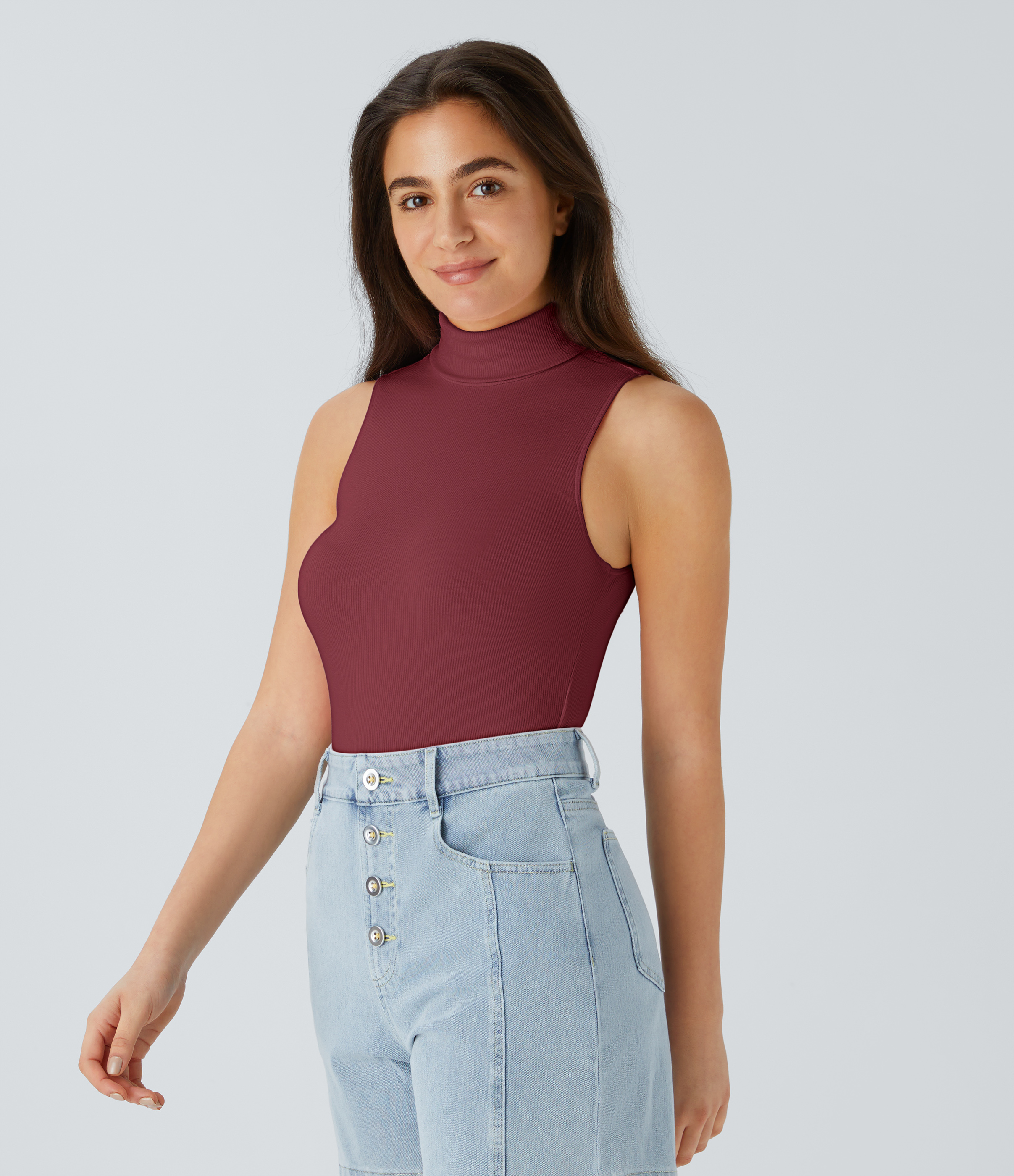 Halara Ribbed Knit High Collar Sleeveless Casual T-Shirt  - Ruby Wine - M 