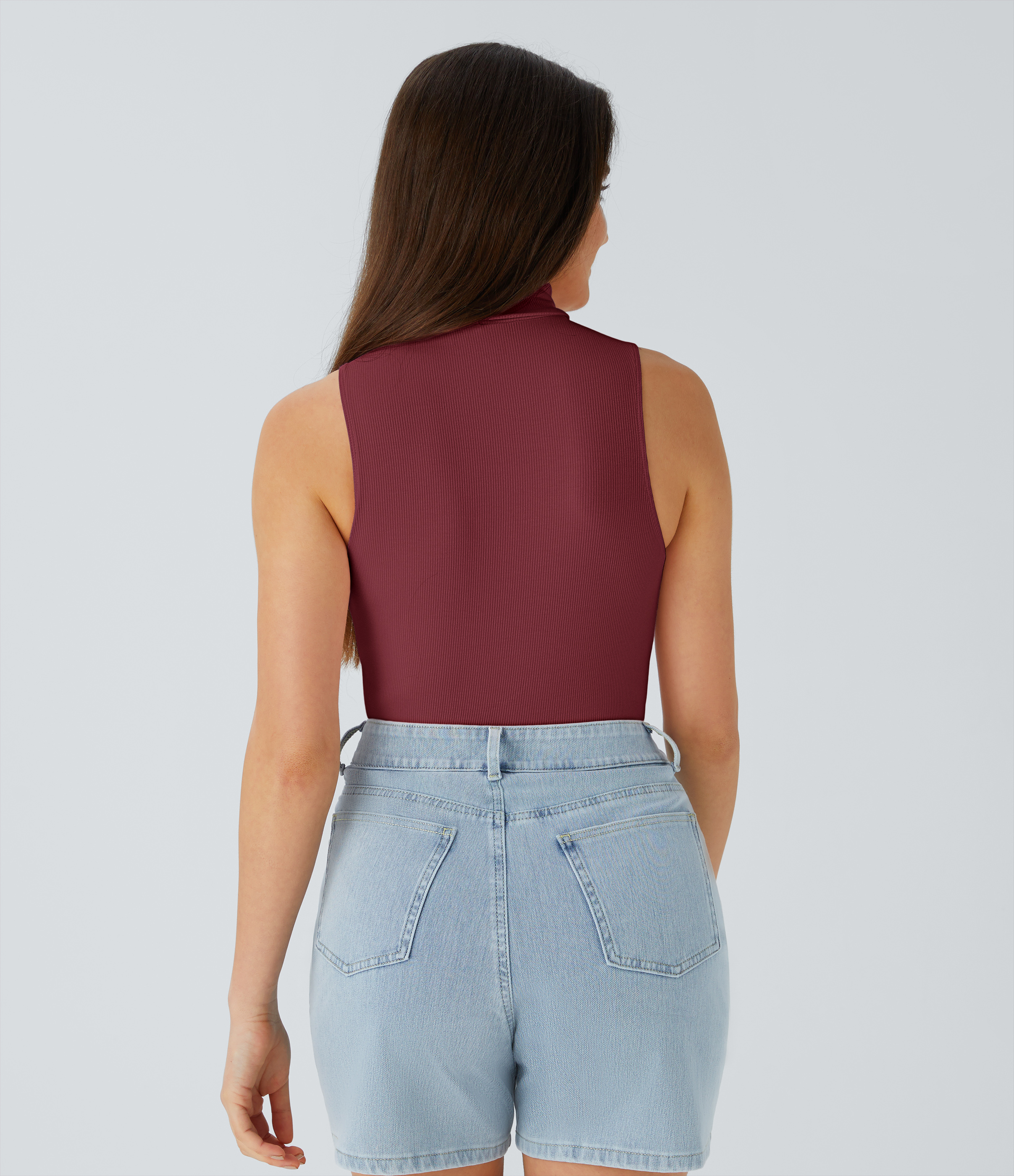 Halara Ribbed Knit High Collar Sleeveless Casual T-Shirt  - Ruby Wine - M 
