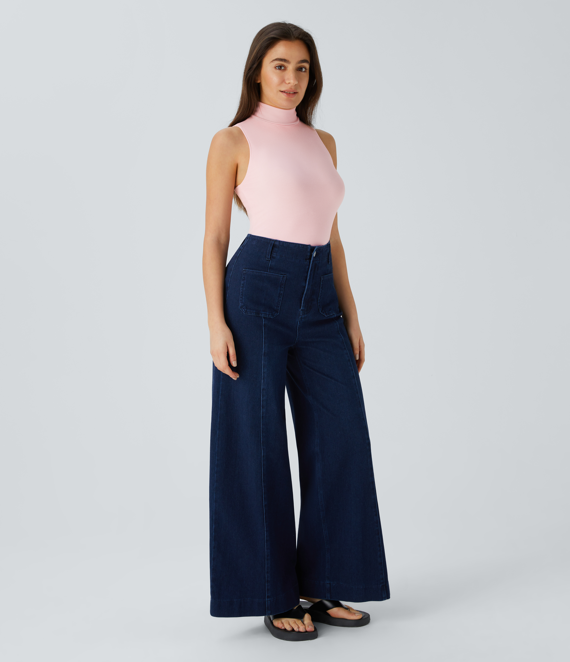 Halara Ribbed Knit High Collar Sleeveless Casual T-Shirt  - Rose Haze Pink - S 