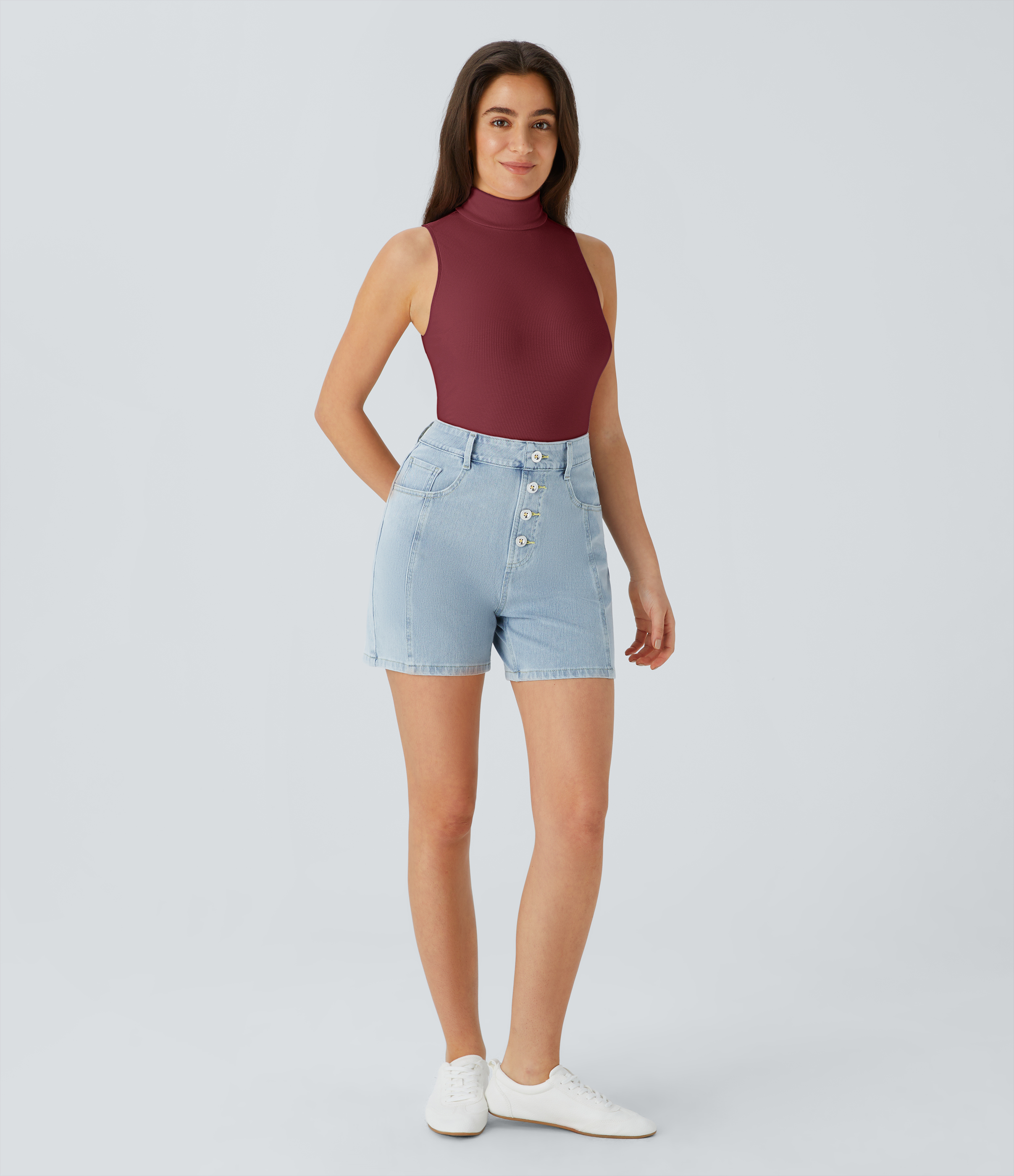 Halara Ribbed Knit High Collar Sleeveless Casual T-Shirt  - Ruby Wine - M 
