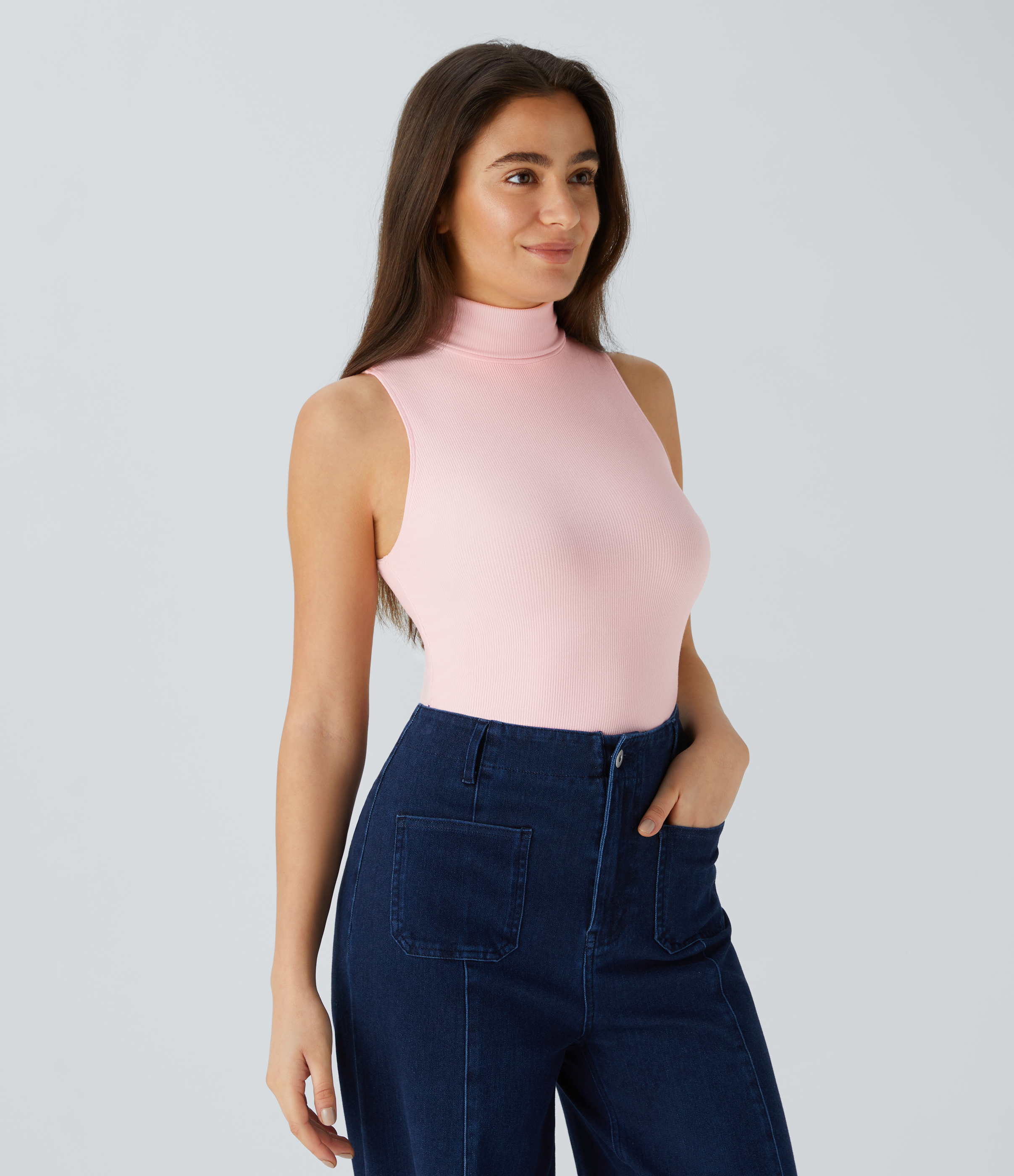 Halara Ribbed Knit High Collar Sleeveless Casual T-Shirt  - Rose Haze Pink - S 