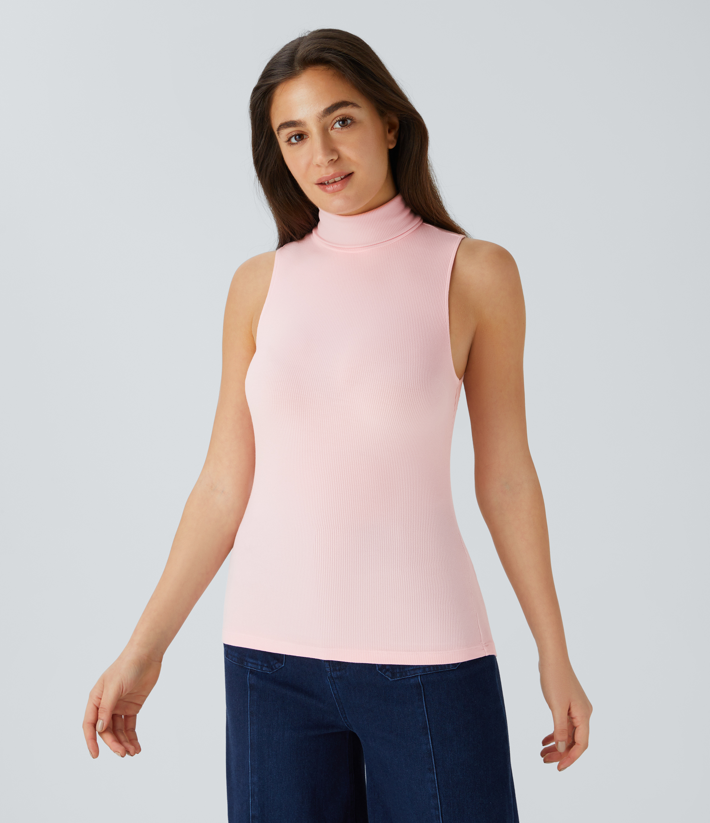 Halara Ribbed Knit High Collar Sleeveless Casual T-Shirt  - Rose Haze Pink - S 