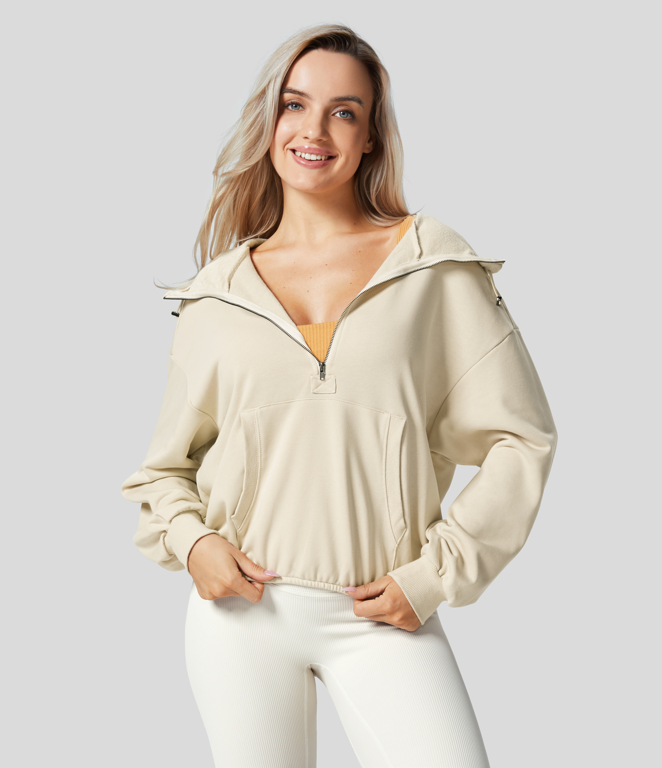 Halara Hooded Drawcord Half Zip Long Sleeve Kangaroo Pocket Casual Sweatshirt  - Antique White - S 