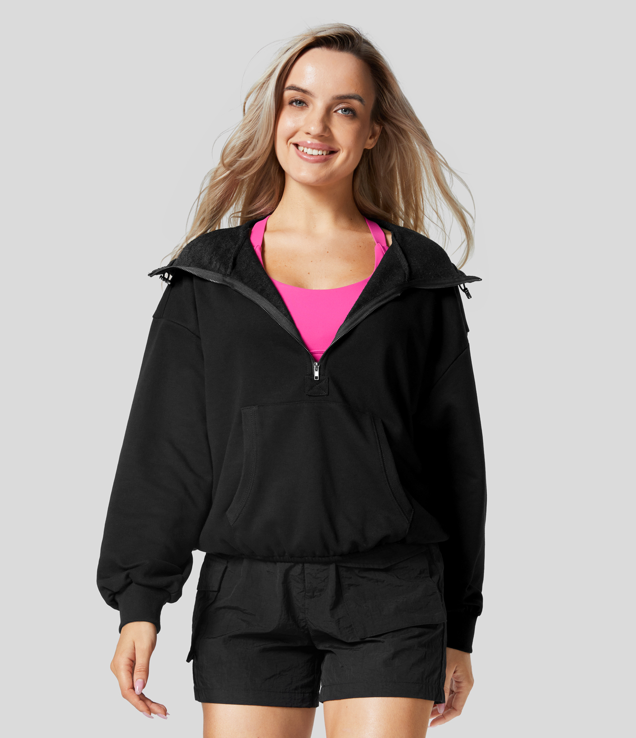 Halara Hooded Drawcord Half Zip Long Sleeve Kangaroo Pocket Casual Sweatshirt  - Black - L 