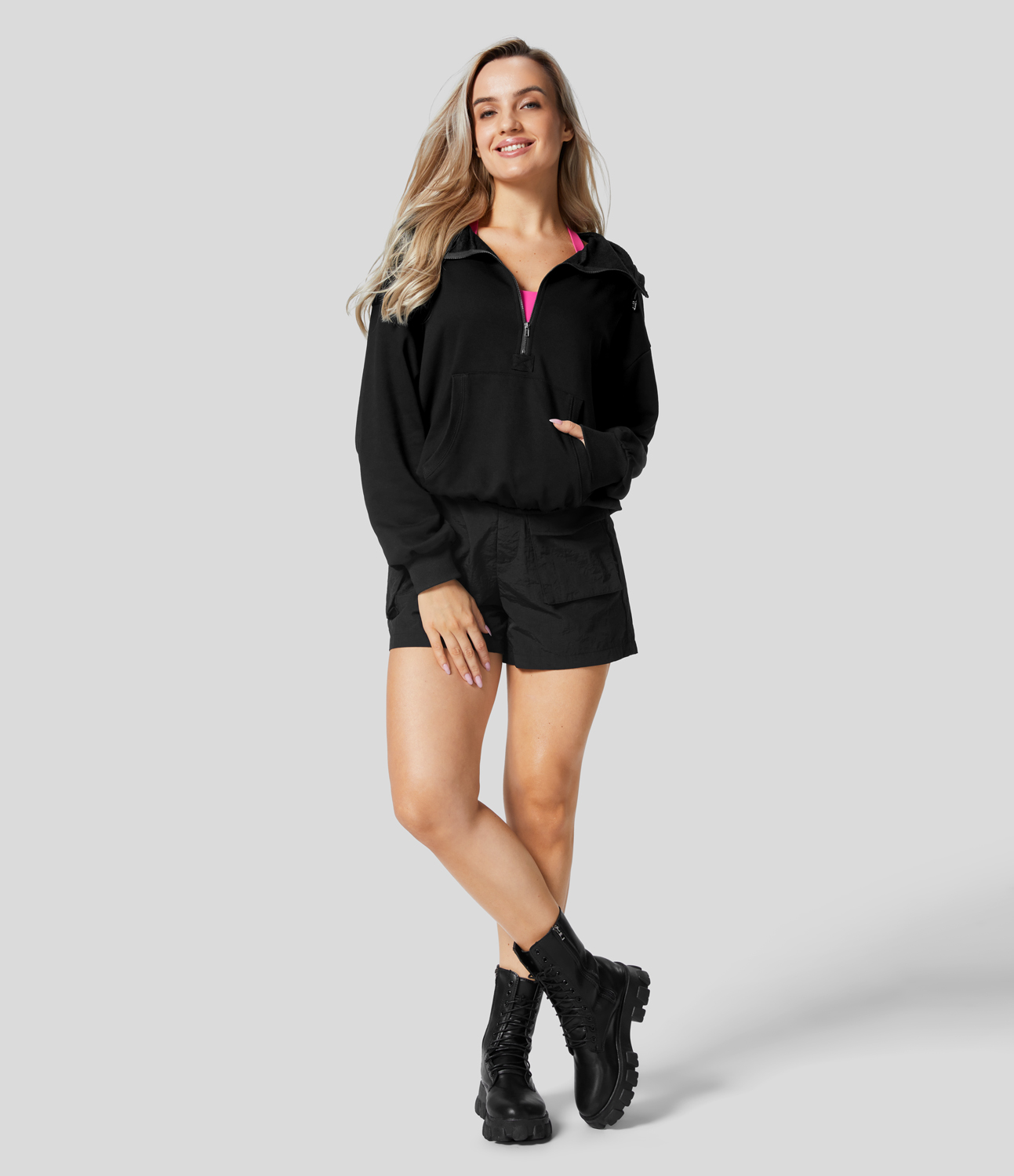 Halara Hooded Drawcord Half Zip Long Sleeve Kangaroo Pocket Casual Sweatshirt  - Black - L 