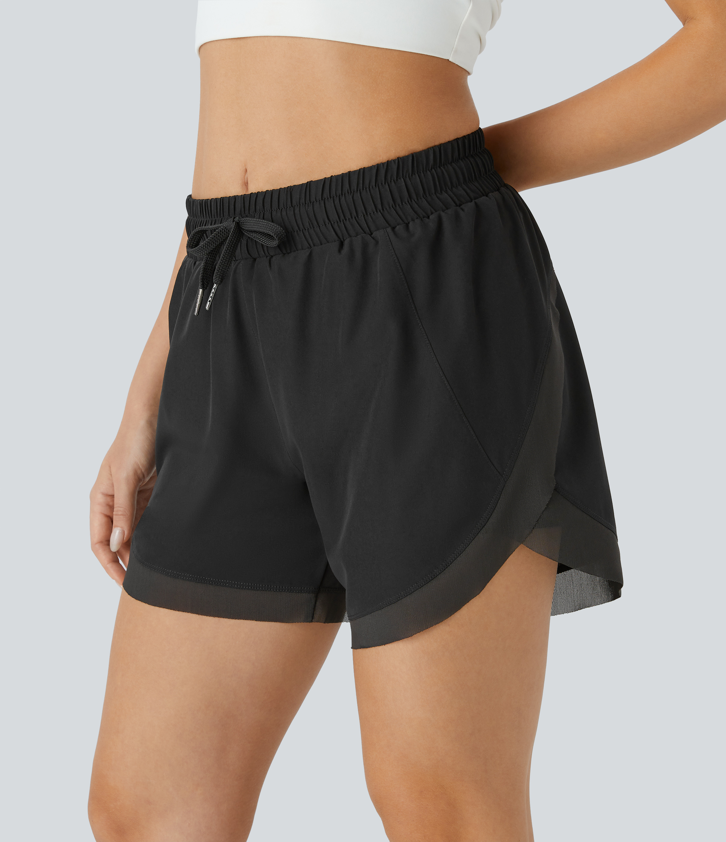 Halara Mid Rise Drawstring Contrast Mesh 2-in-1 Flowy Running Shorts 5`` Gym Short - Black - XS(Long) booty shorts compression shorts 