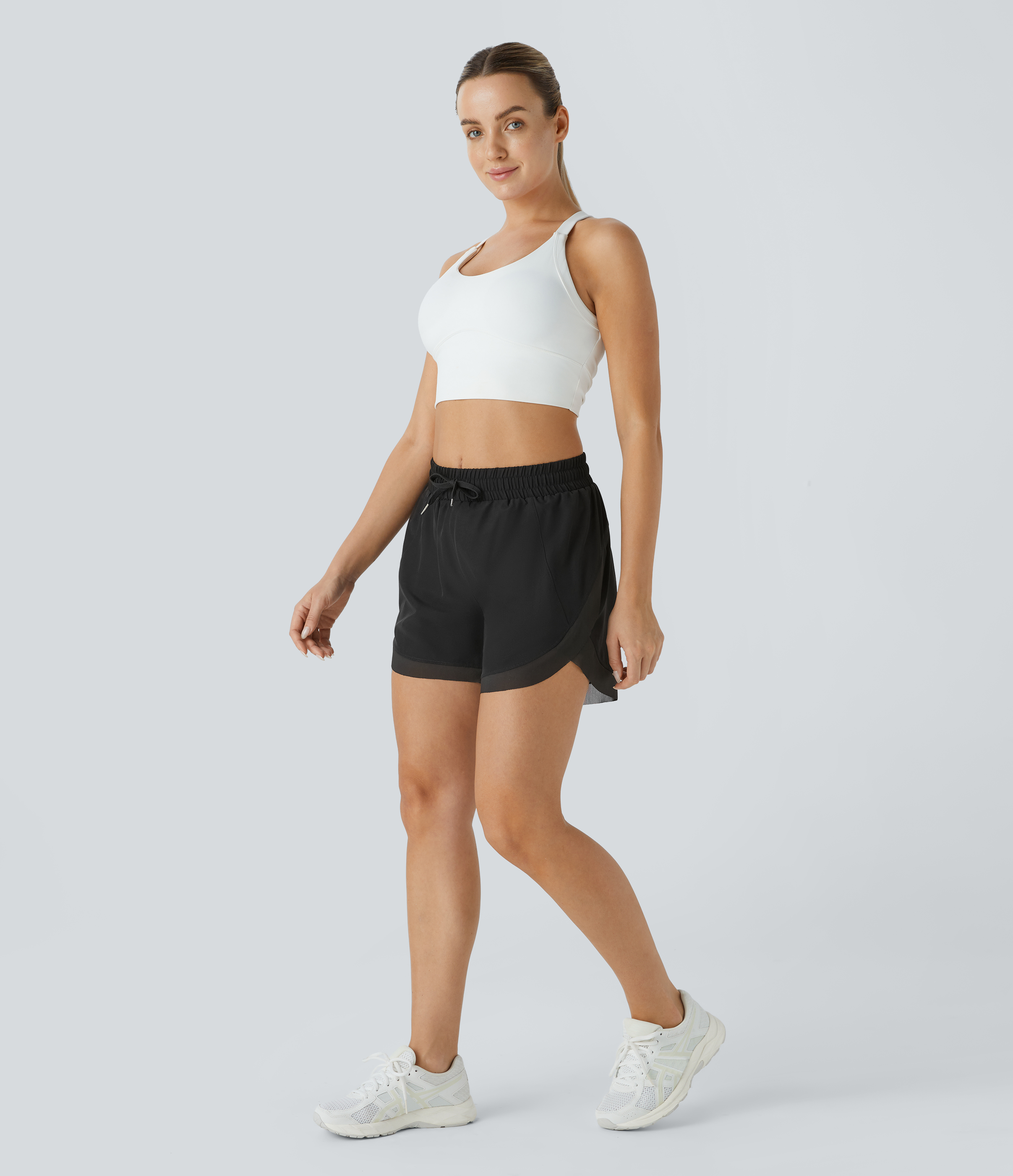 Halara Mid Rise Drawstring Contrast Mesh 2-in-1 Flowy Running Shorts 5`` Gym Short - Black - XS(Long) booty shorts compression shorts 