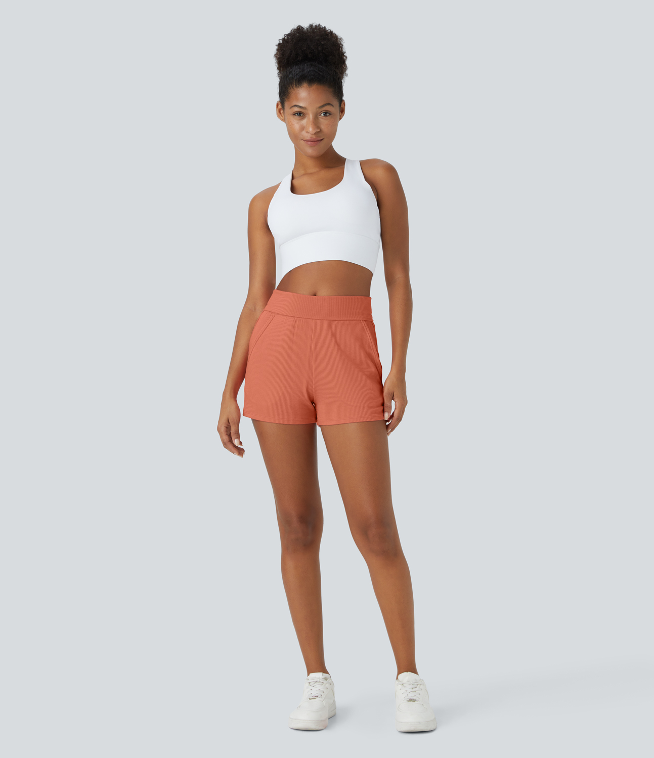 Halara Ribbed Knit Super High Waisted Foldover Side Pocket Casual Shorts 2.5``  - Salmon - L 