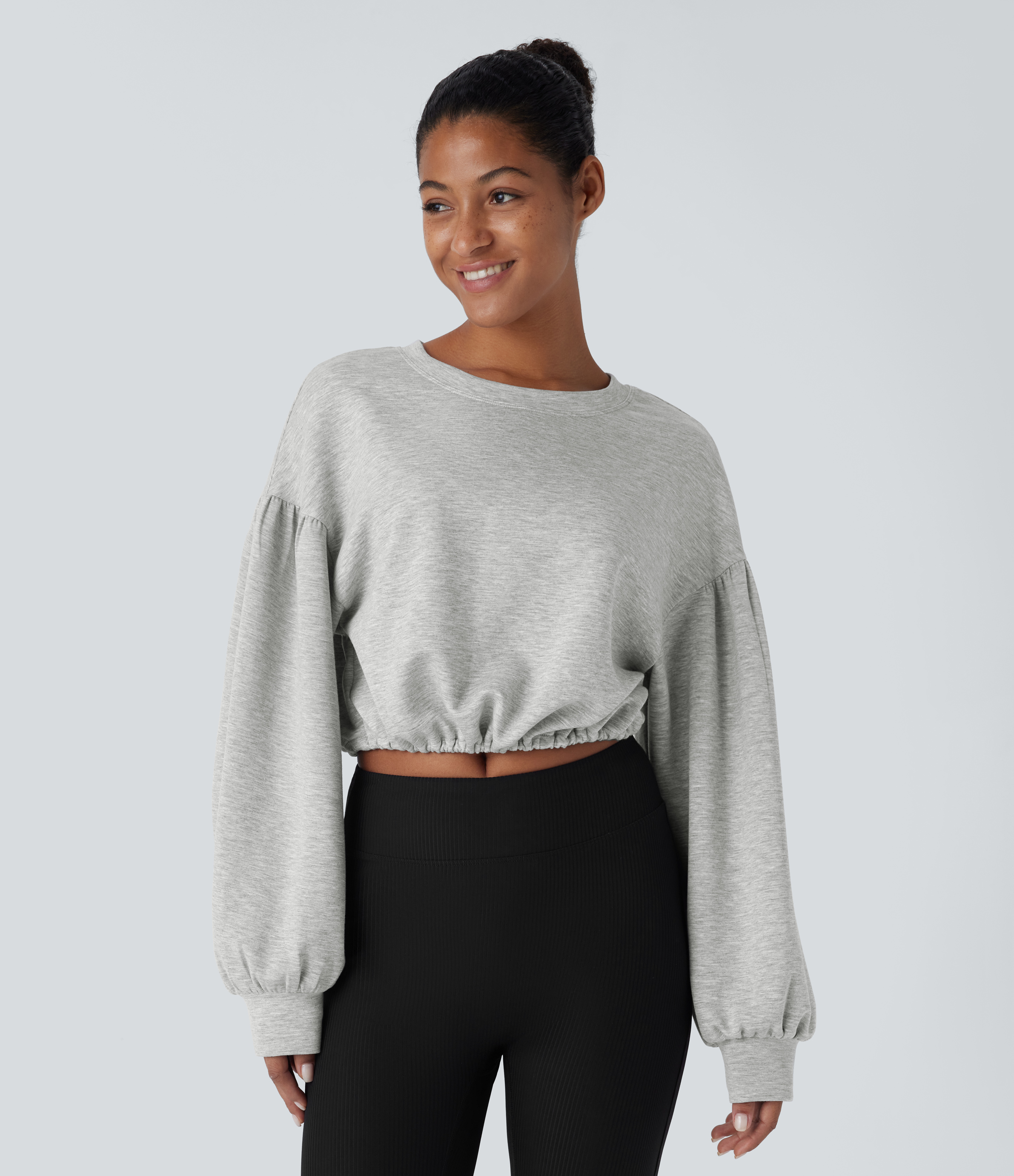 Halara Backless Drawstring Tie Back Bishop Sleeve Cropped Casual Sweatshirt  - Fog Gray - M 