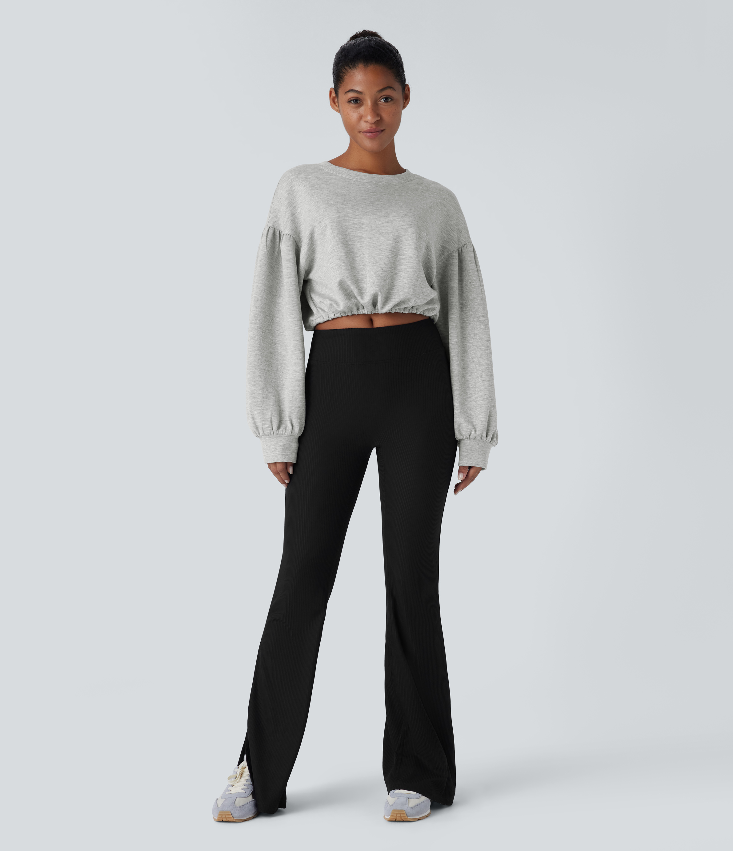 Halara Backless Drawstring Tie Back Bishop Sleeve Cropped Casual Sweatshirt  - Fog Gray - M 