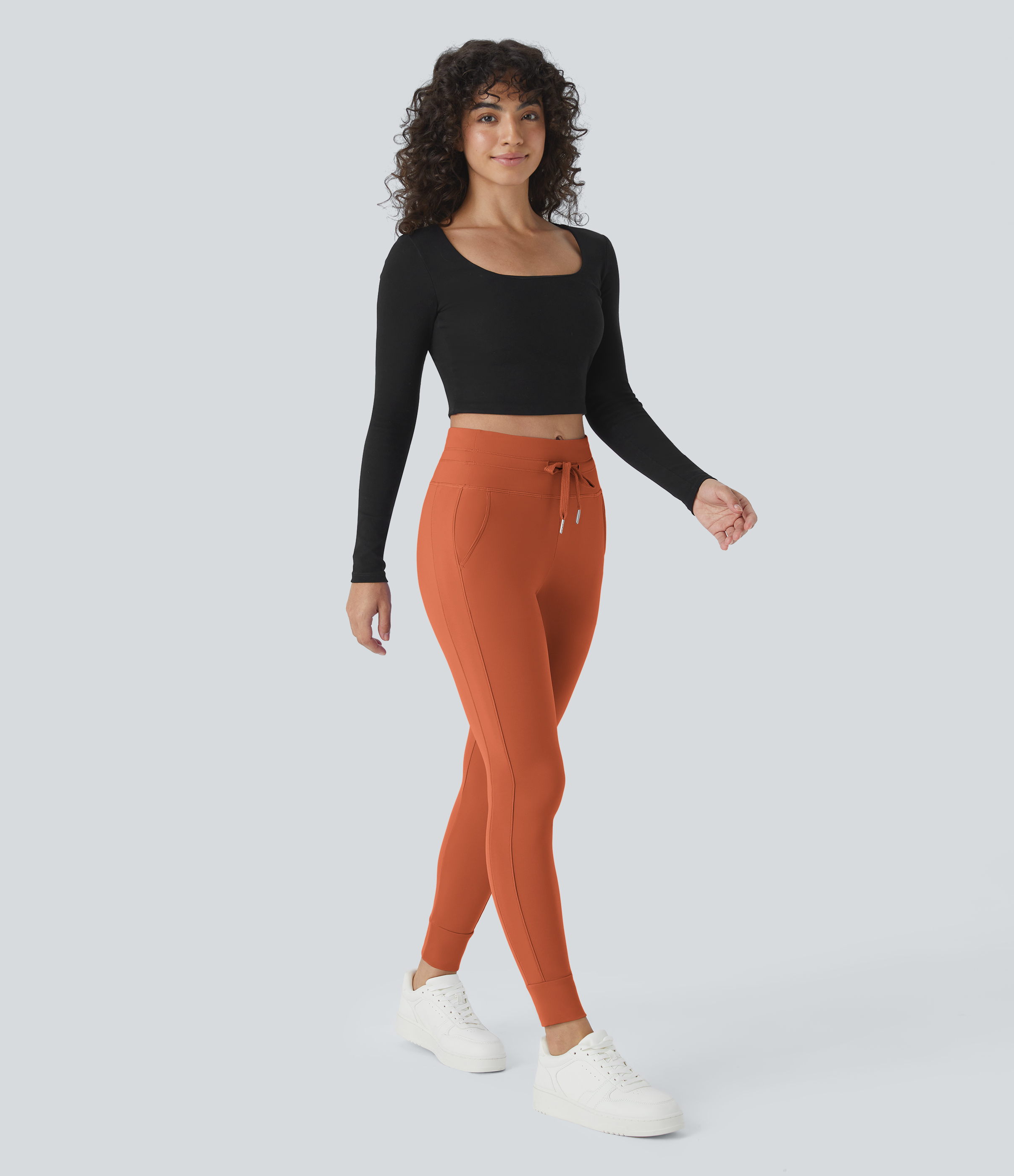 Halara Softlyzeroв„ў Airy High Waisted Drawstring Side Pocket Plain Cool Touch Full Length Joggers-UPF50+  - Orange Rust - L(petite) 