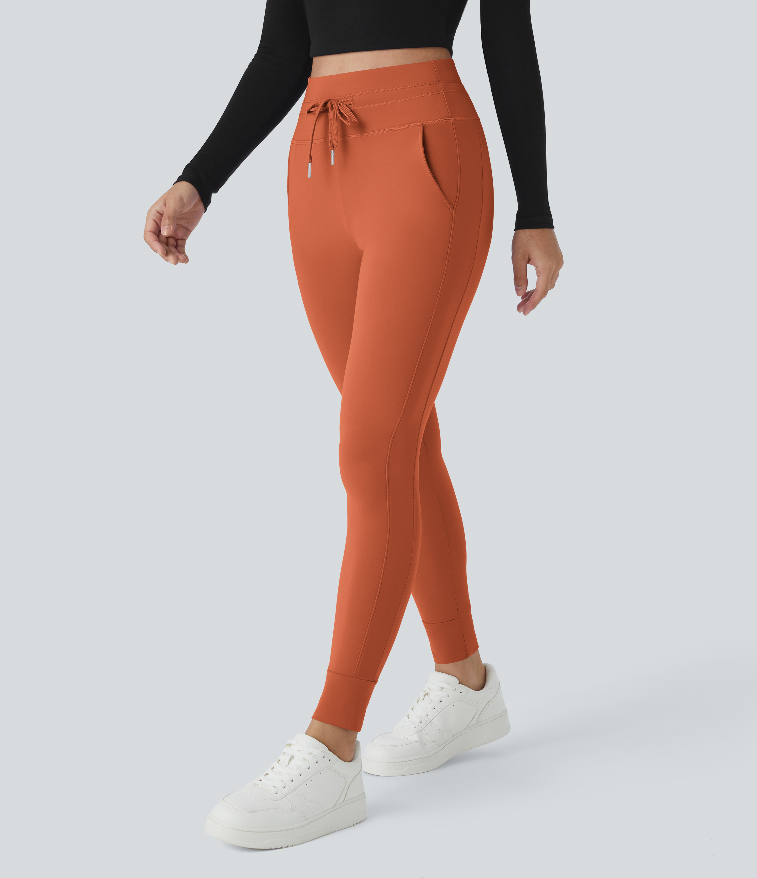 Halara Softlyzeroв„ў Airy High Waisted Drawstring Side Pocket Plain Cool Touch Full Length Joggers-UPF50+  - Orange Rust - L(petite) 