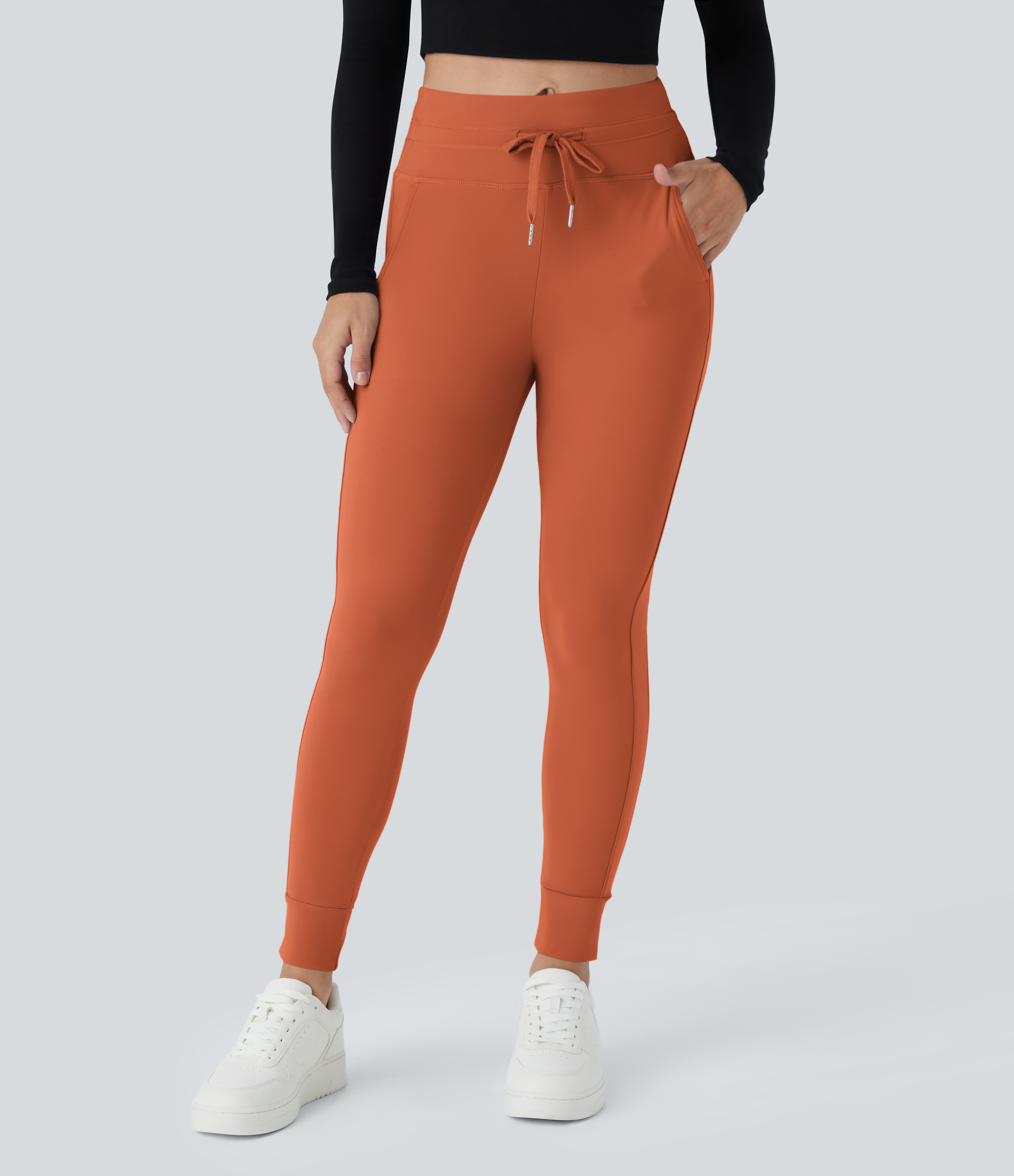 Halara Softlyzeroв„ў Airy High Waisted Drawstring Side Pocket Plain Cool Touch Full Length Joggers-UPF50+  - Orange Rust - L(petite) 