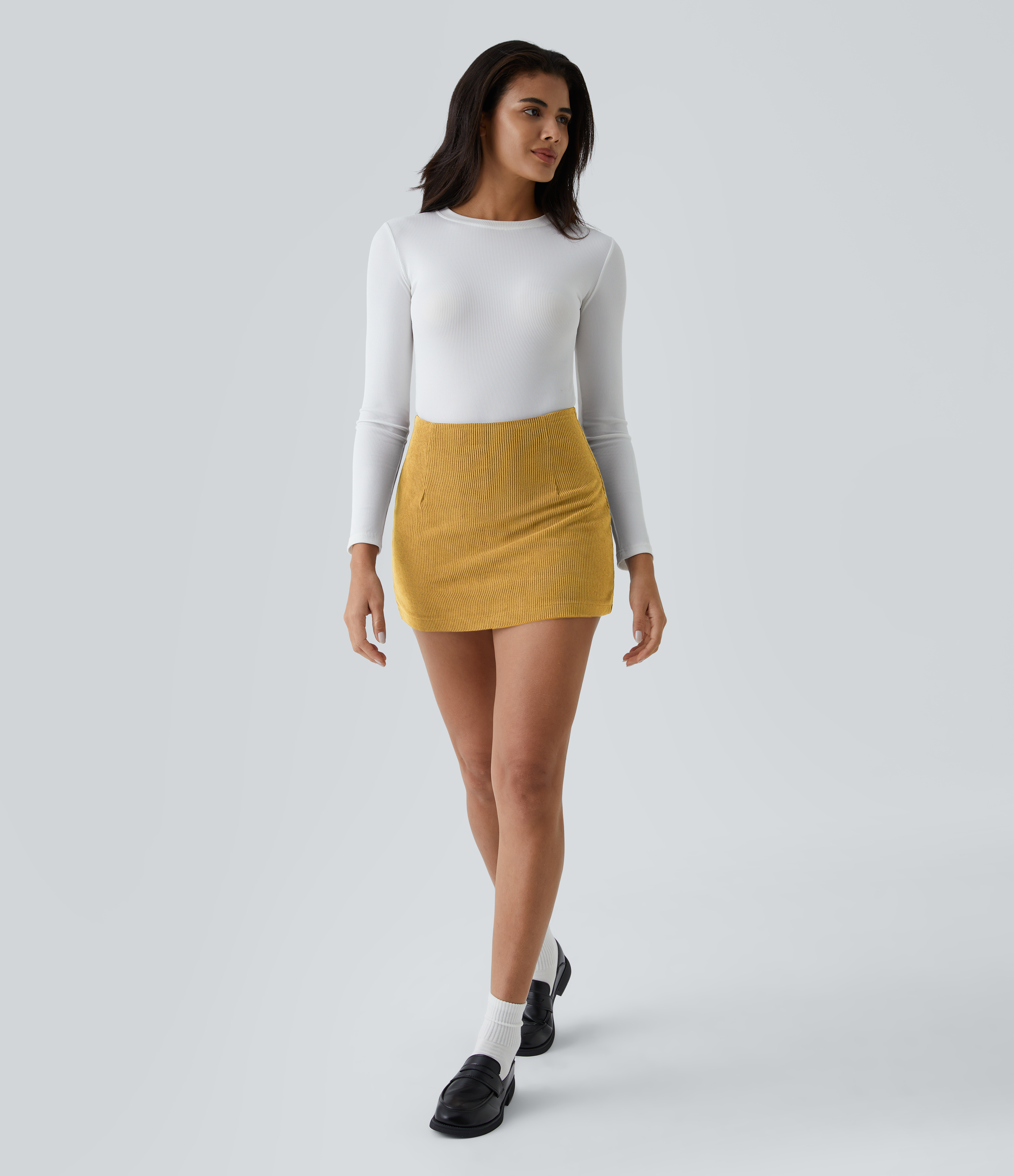 Halara High Waisted Invisible Zipper 2-in-1 A Line Mini Corduroy Casual Skirt  - Autumn Yellow - XS(regular) 