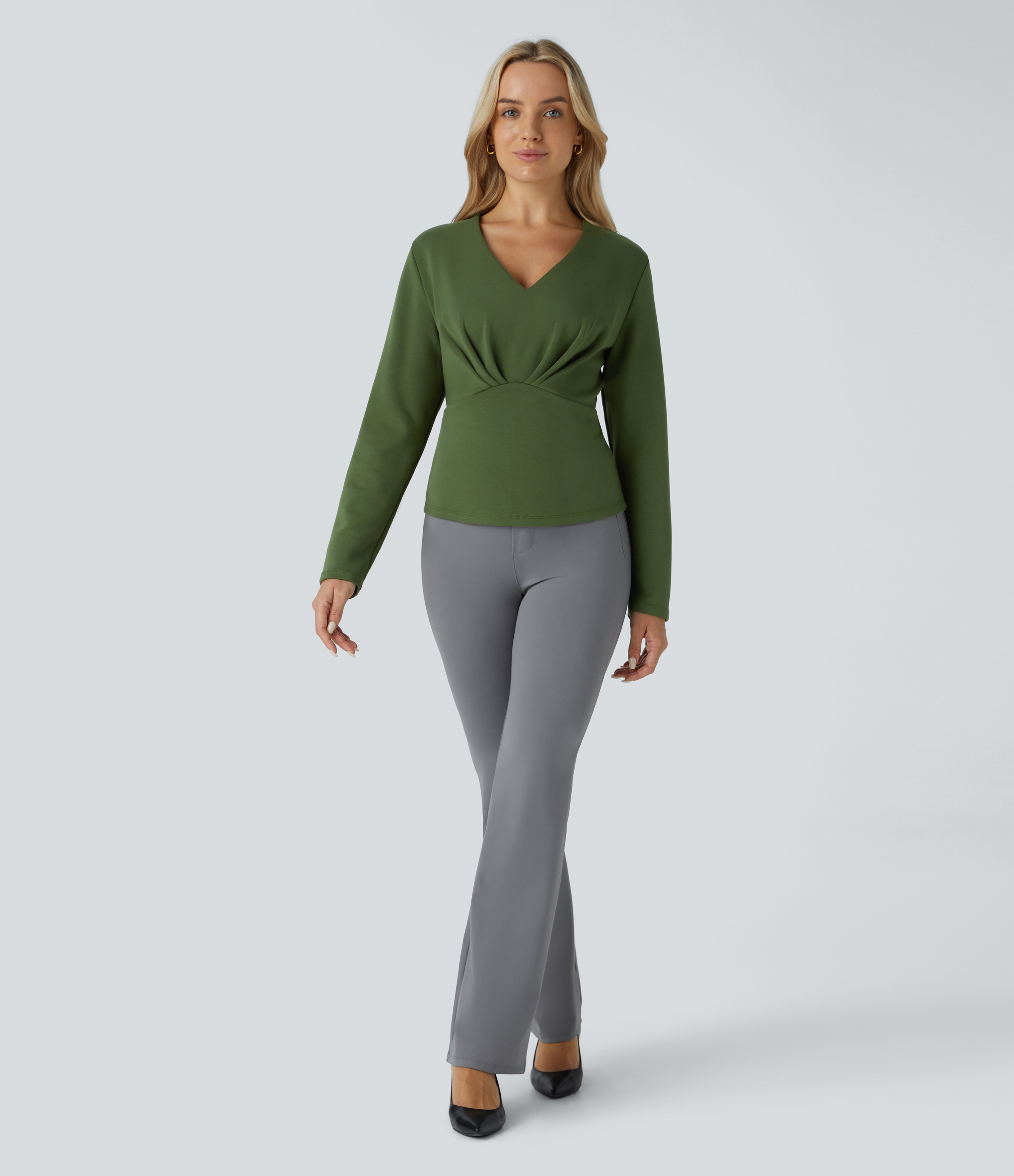 Halara V Neck Plicated Long Sleeve Work Top Tank Top - Bronze Green - L golf tops halter top tunic tops sleeveless tops backless top 
