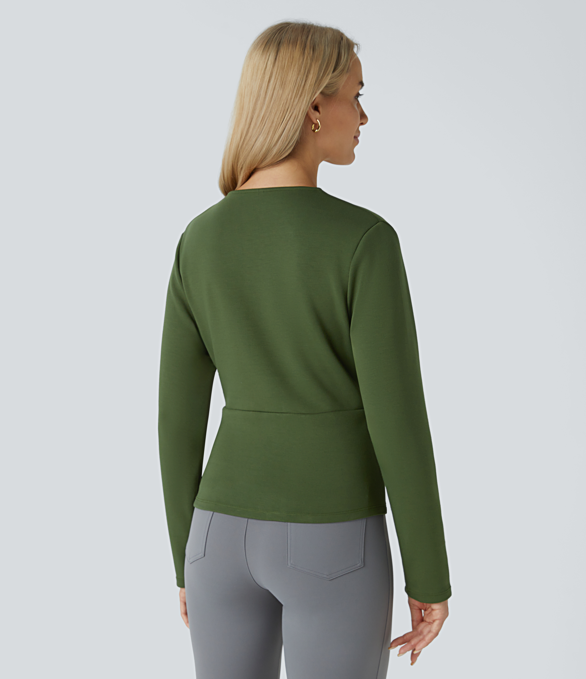 Halara V Neck Plicated Long Sleeve Work Top Tank Top - Bronze Green - L golf tops halter top tunic tops sleeveless tops backless top 