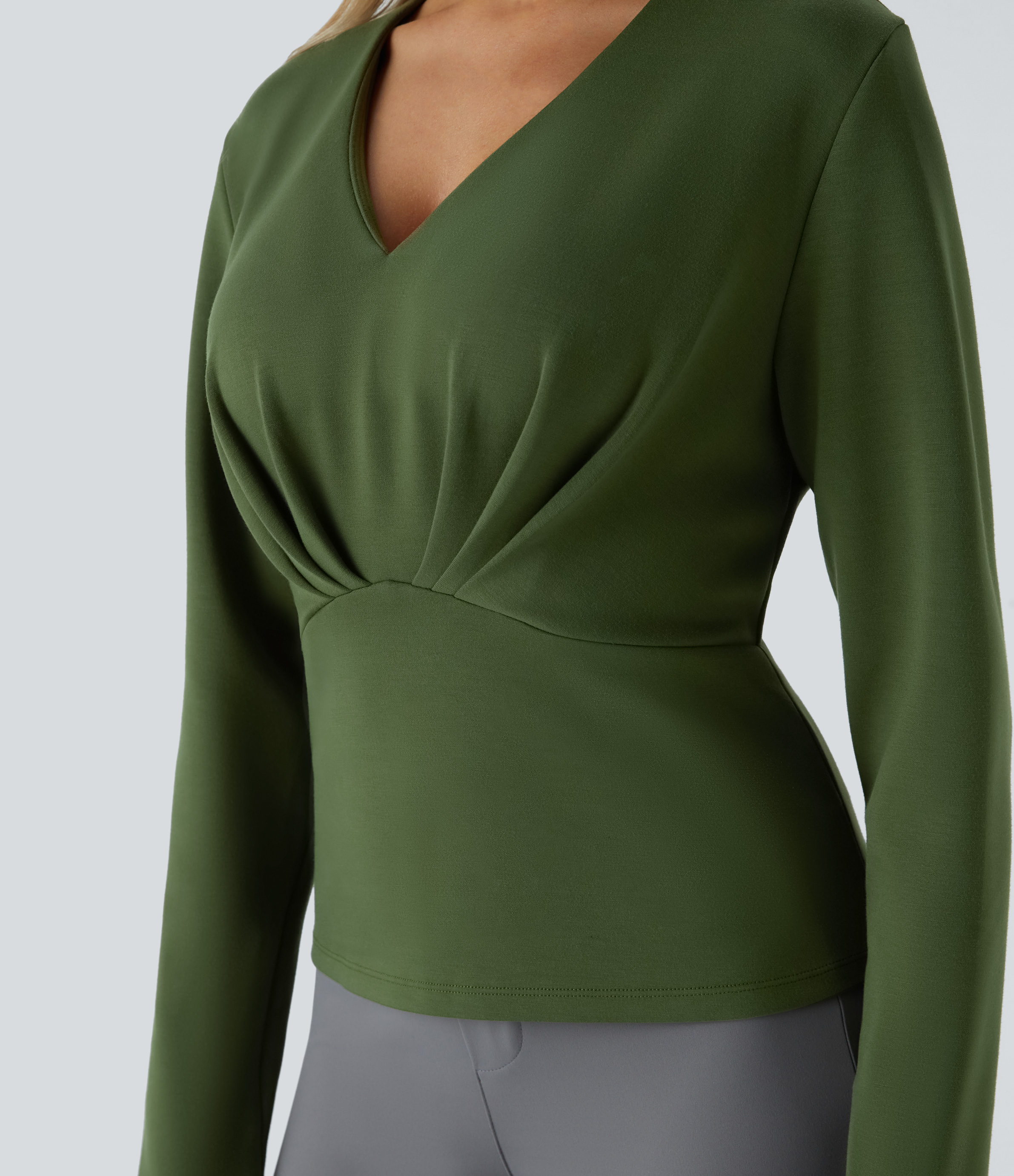 Halara V Neck Plicated Long Sleeve Work Top Tank Top - Bronze Green - L golf tops halter top tunic tops sleeveless tops backless top 