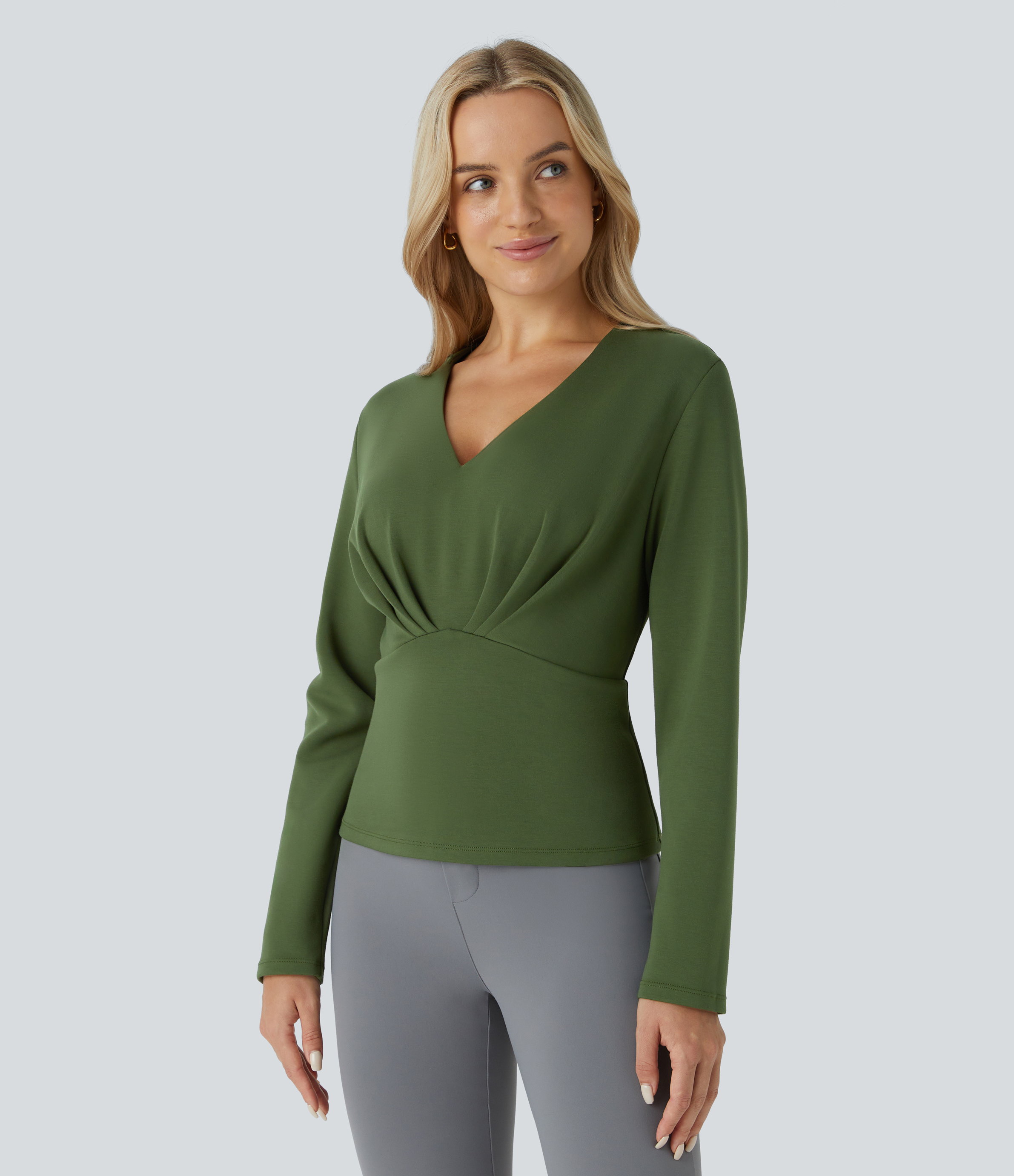 Halara V Neck Plicated Long Sleeve Work Top Tank Top - Bronze Green - L golf tops halter top tunic tops sleeveless tops backless top 