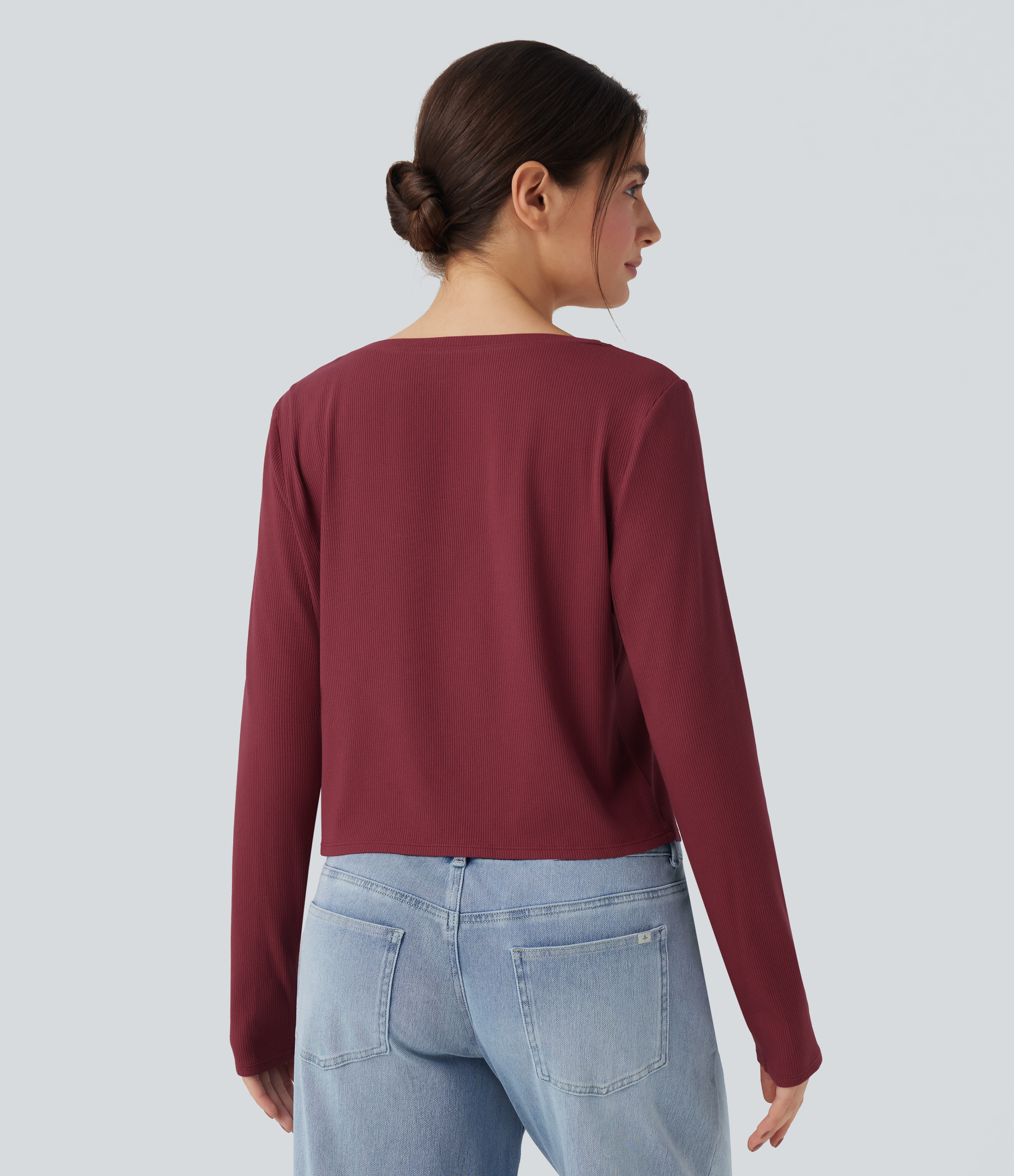 Ruby Wine Haut décontracté maille côtelée col henley manches longues / 2