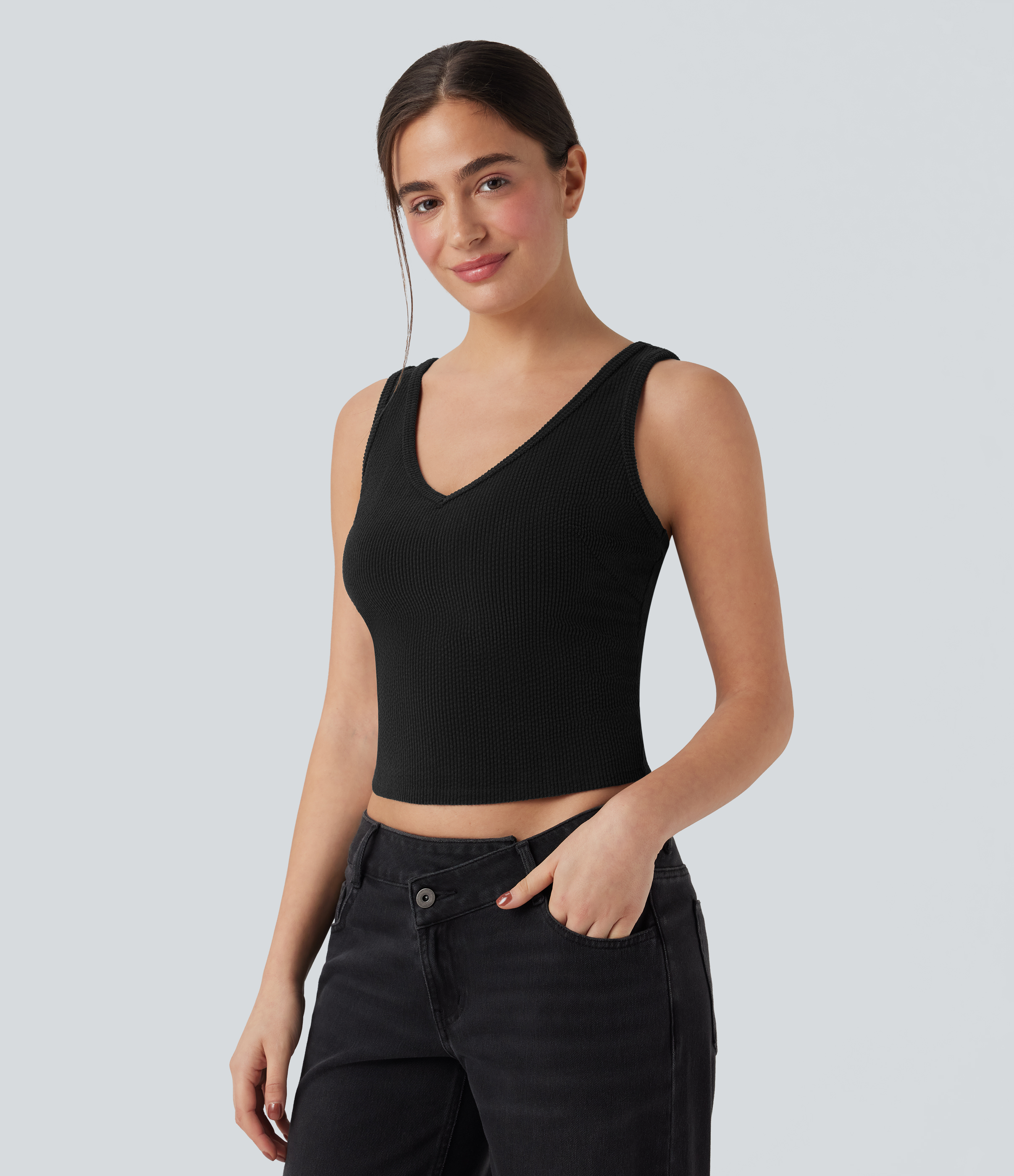 Black V-neck Slim Corduroy Casual Tank Top / 1