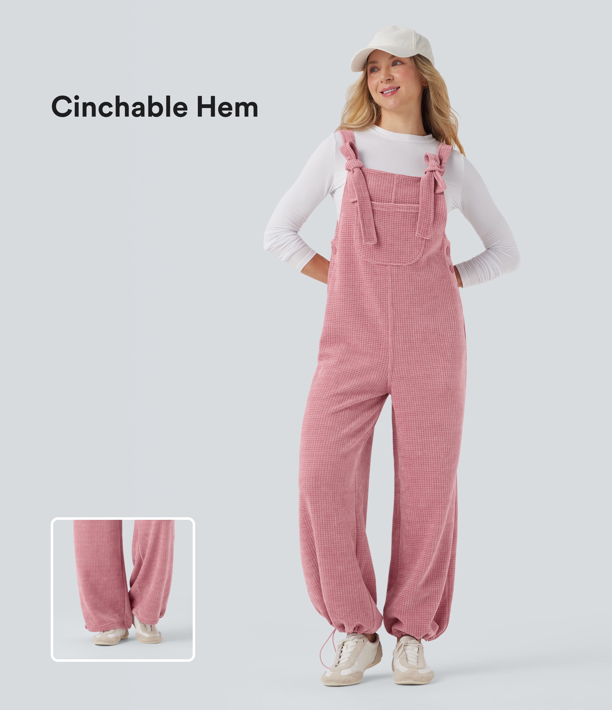 Rose Elegance Jumpsuit casual de chenilla con dobladillo ajustable y lazo frontal con bolsillos / 1
