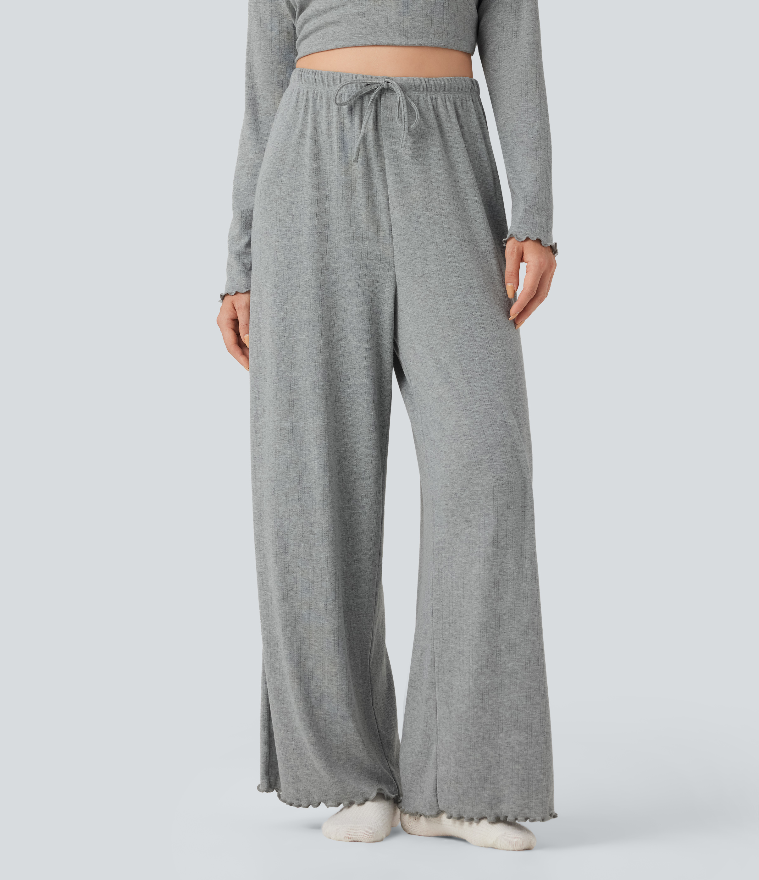 Granite Mist Pantalon détente taille haute coupe droite finitions plissées pointelle avec cordon de serrage / 2